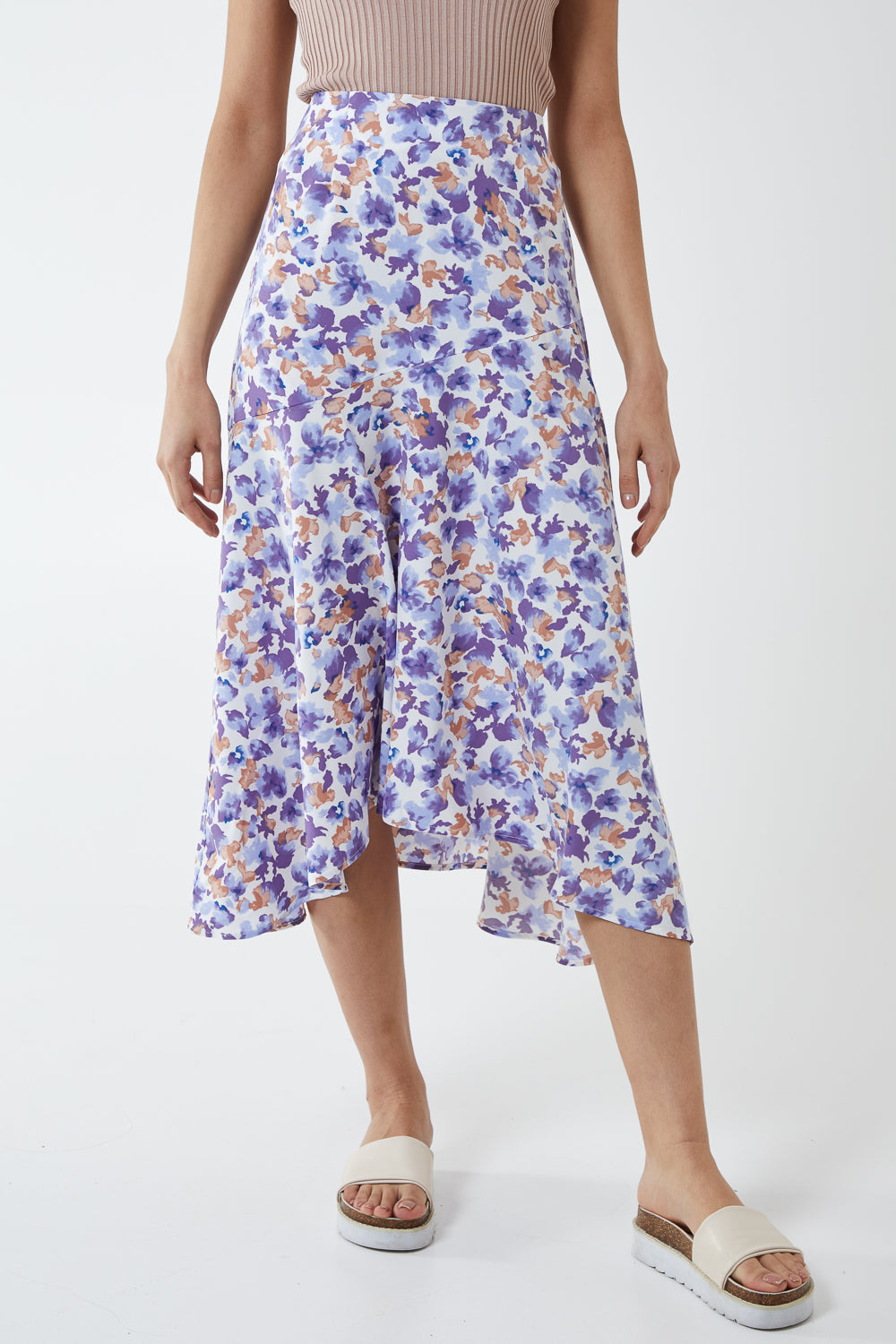 Floral Print Asymmetric Midi Skirt