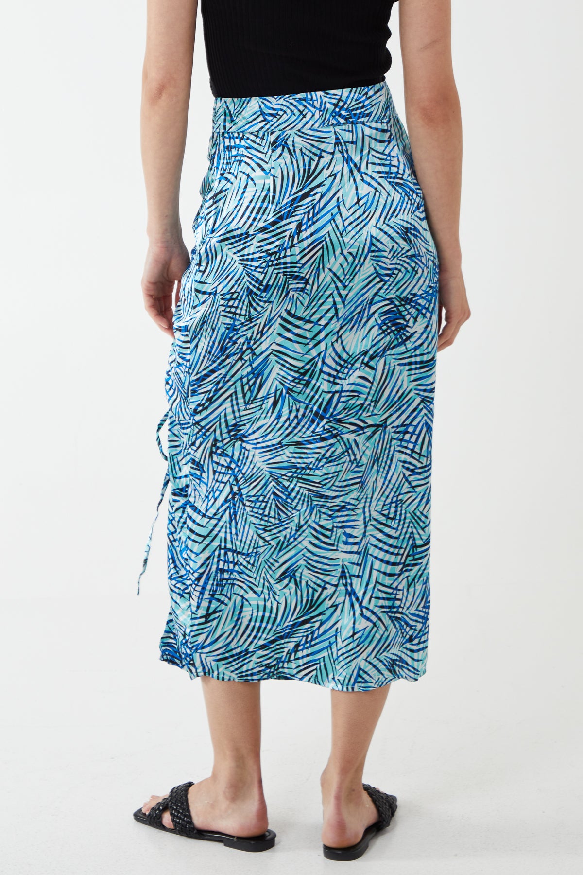 Satin Ruched Printed Midi Skirt