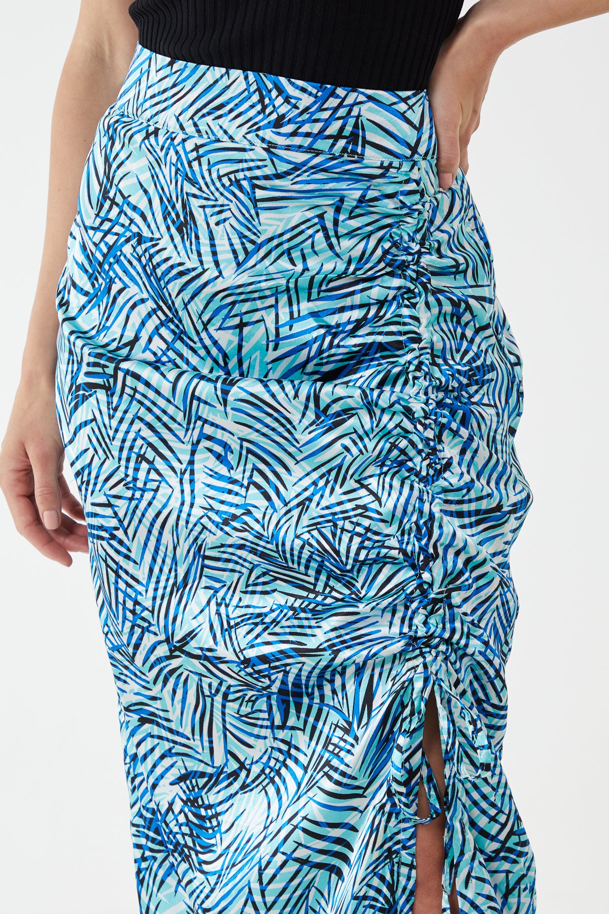 Satin Ruched Printed Midi Skirt