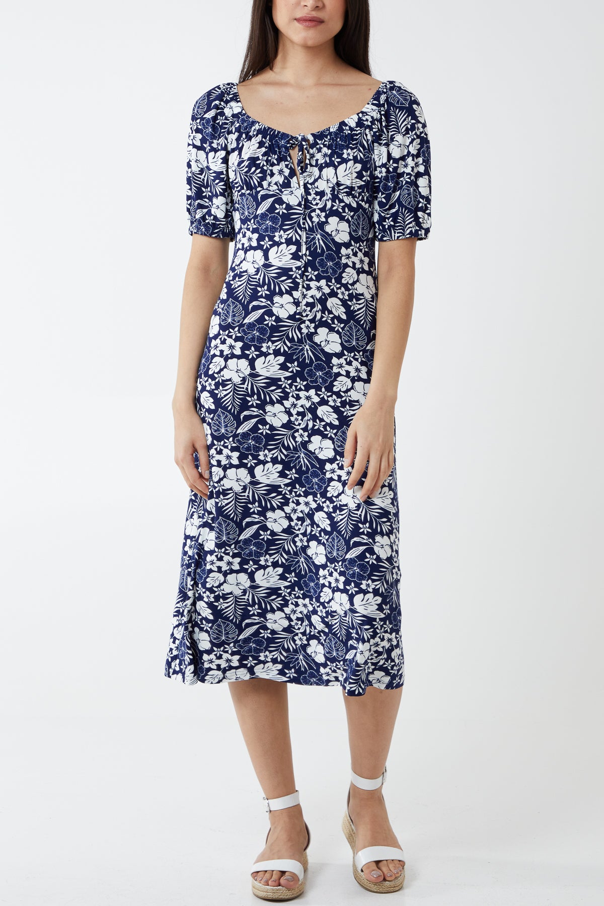 Recycled Yarn Stretch Crepe Elasticated Detail Floral Midi Dress