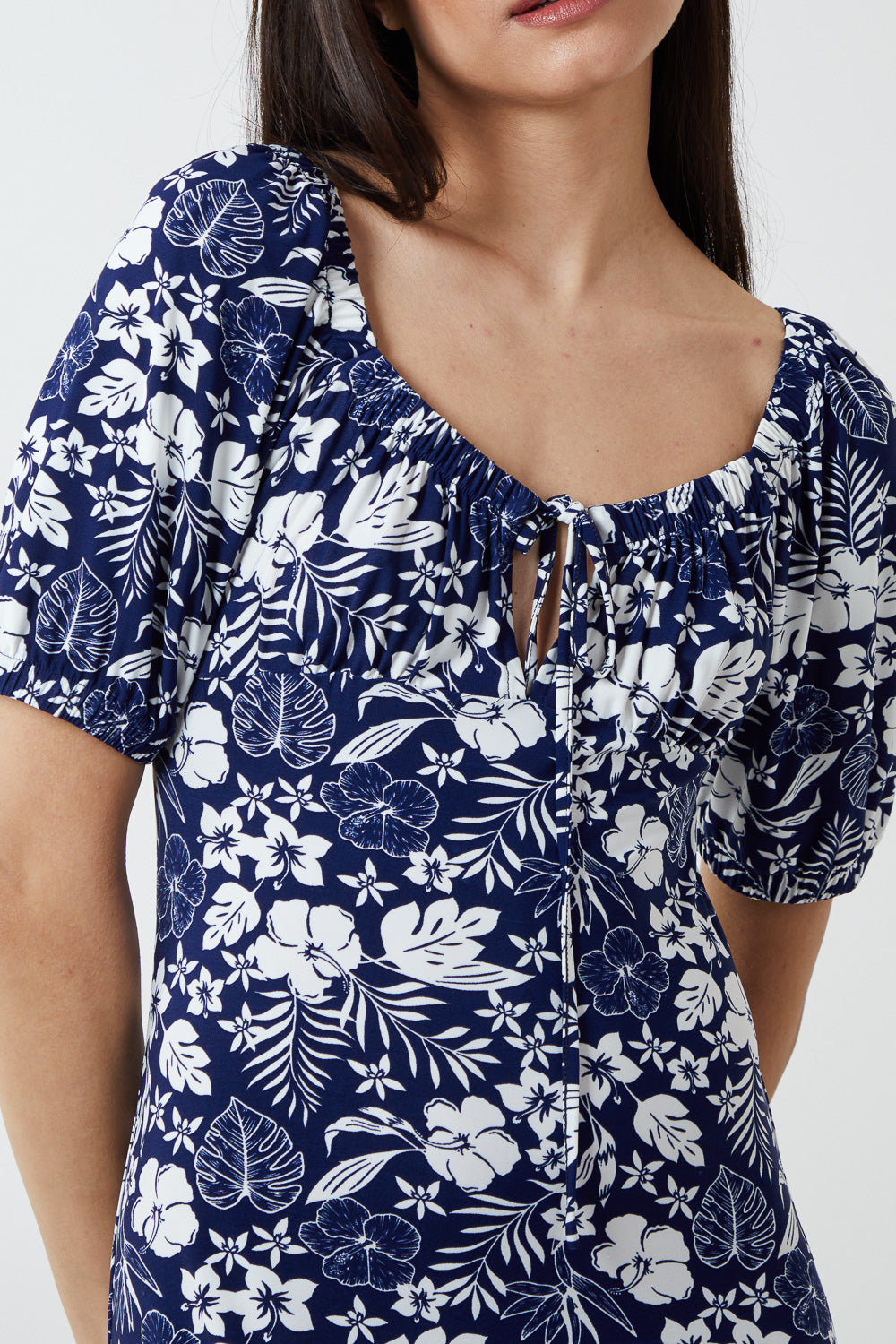 Recycled Yarn Stretch Crepe Elasticated Detail Floral Midi Dress