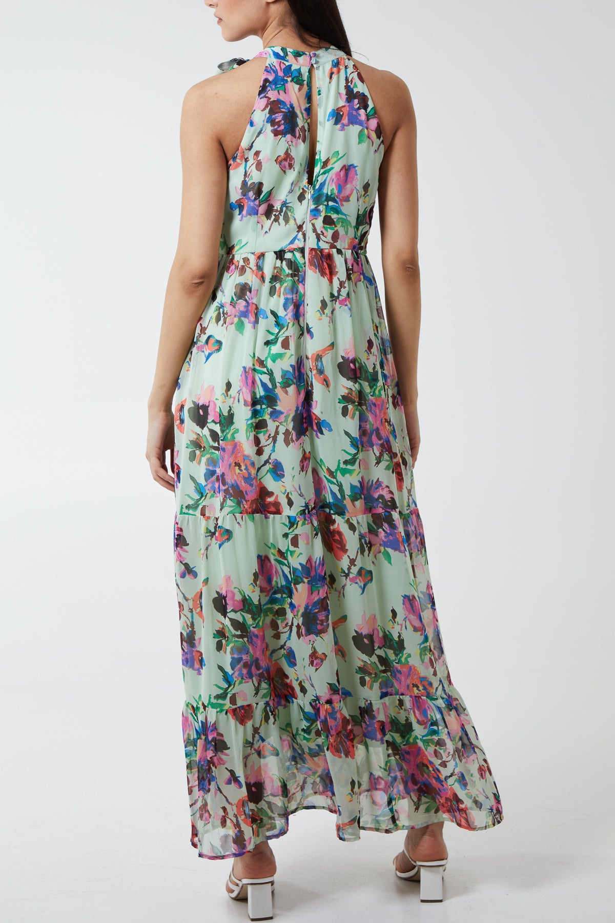 Floral Print Tie Neck Lined Maxi Dress