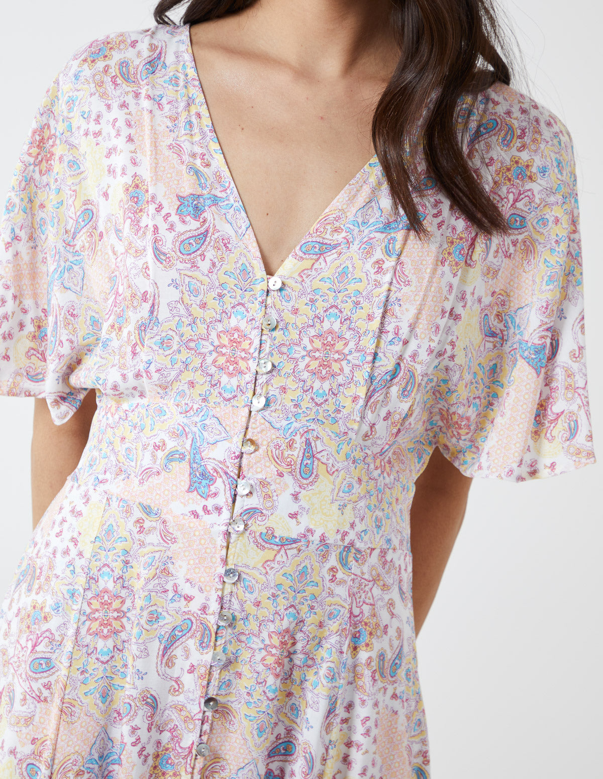 Button Front Angel Sleeve Maxi Dress