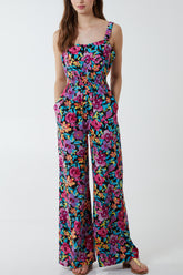 Multi Floral Shirring Jumpsuit