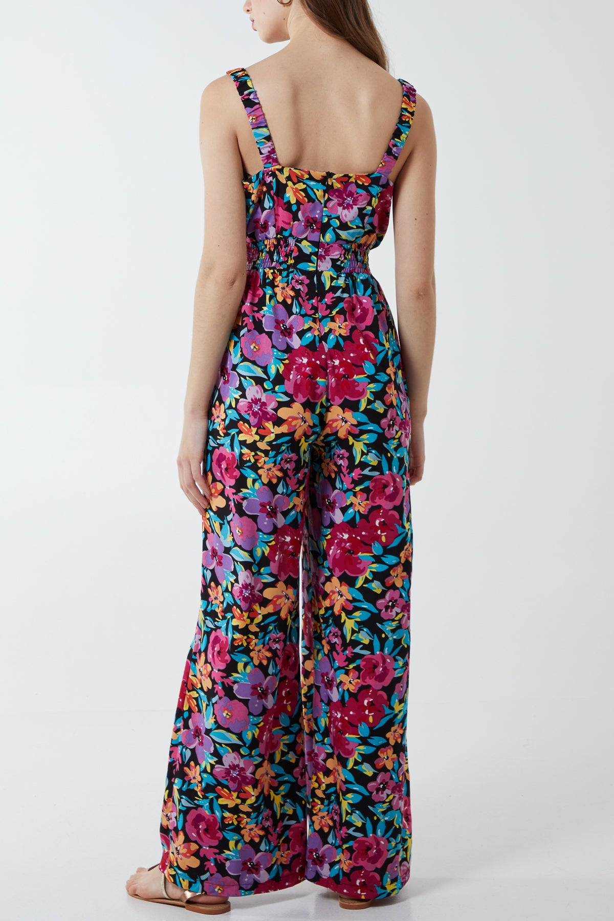 Multi Floral Shirring Jumpsuit