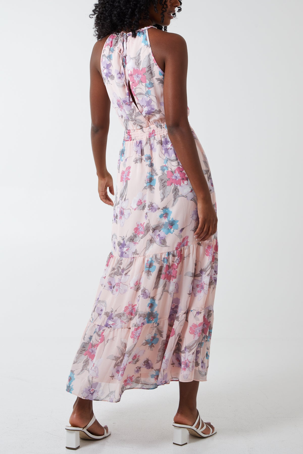 Halterneck Tiered Floral Shirred Waist Dress