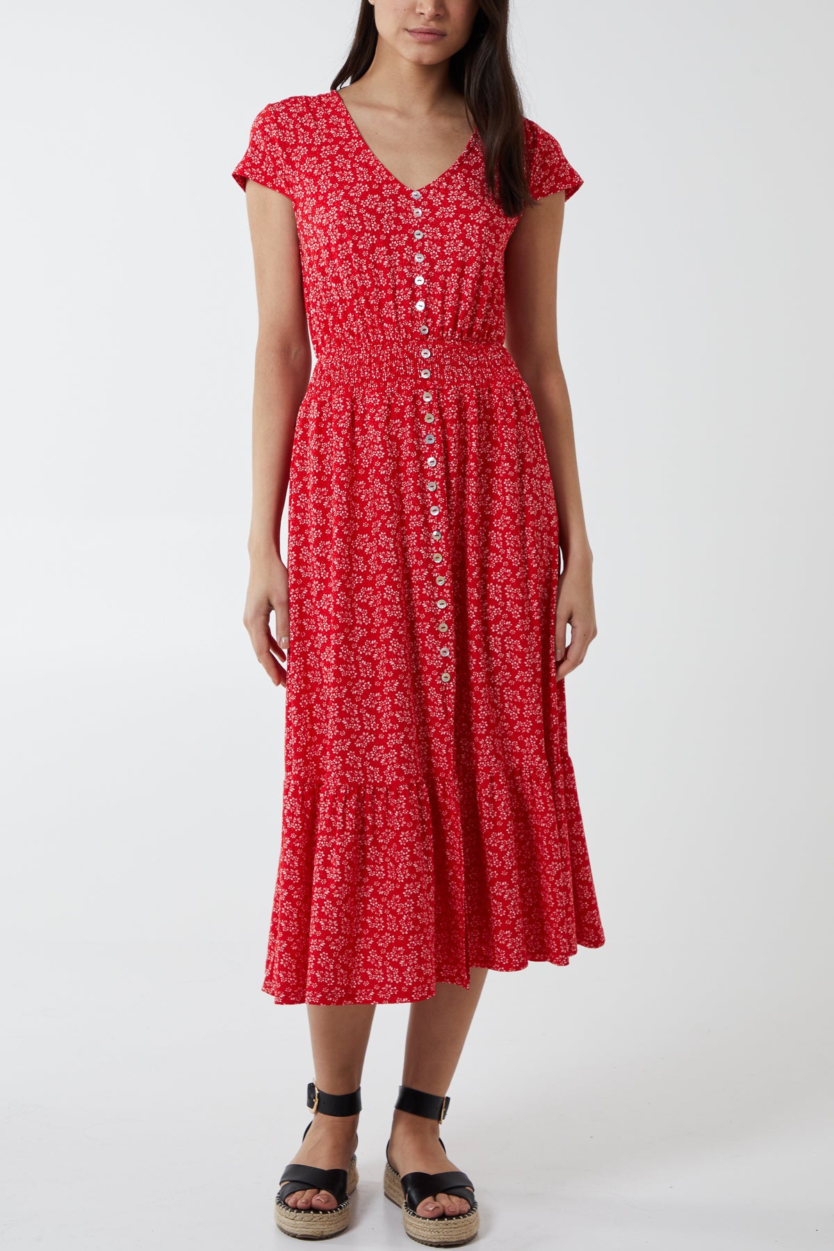 Ditsy Floral Button Through Midi Dress