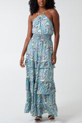 Halter Neck Ruffle Paisley Print Maxi Dress