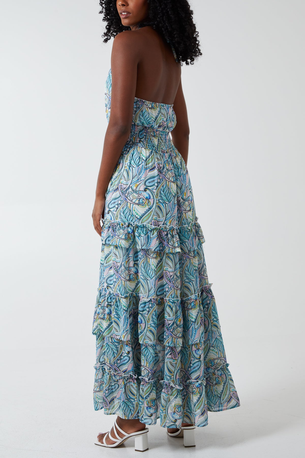 Halter Neck Ruffle Paisley Print Maxi Dress