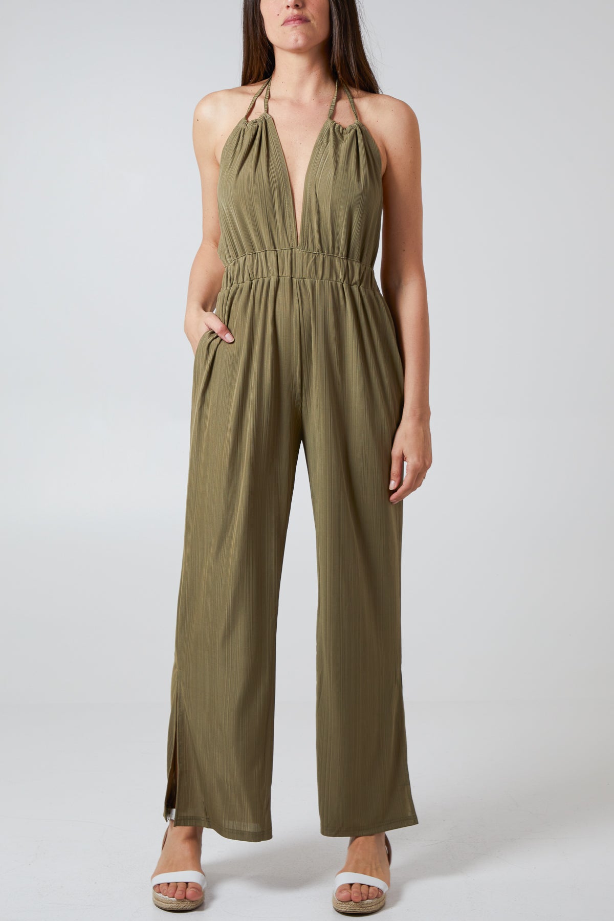 Halterneck Plisse Wide Leg Jumpsuit