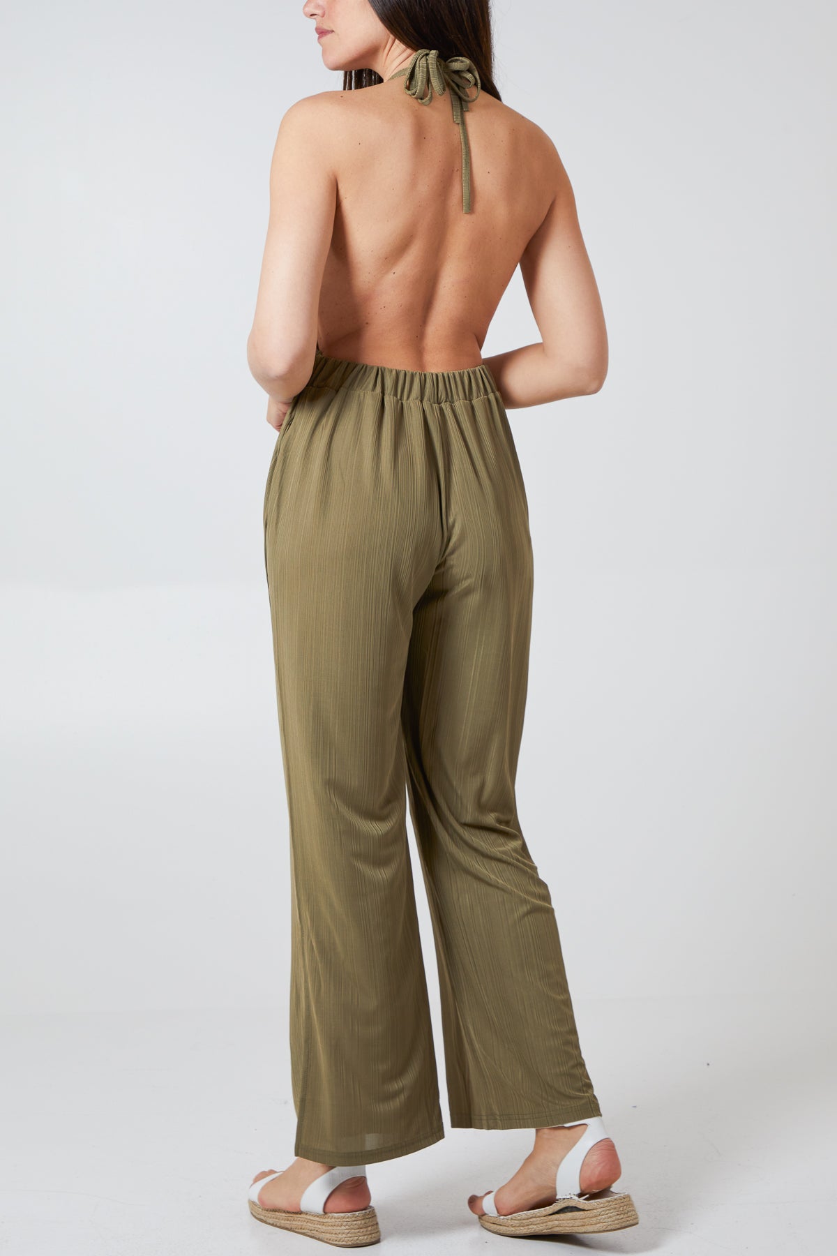 Halterneck Plisse Wide Leg Jumpsuit