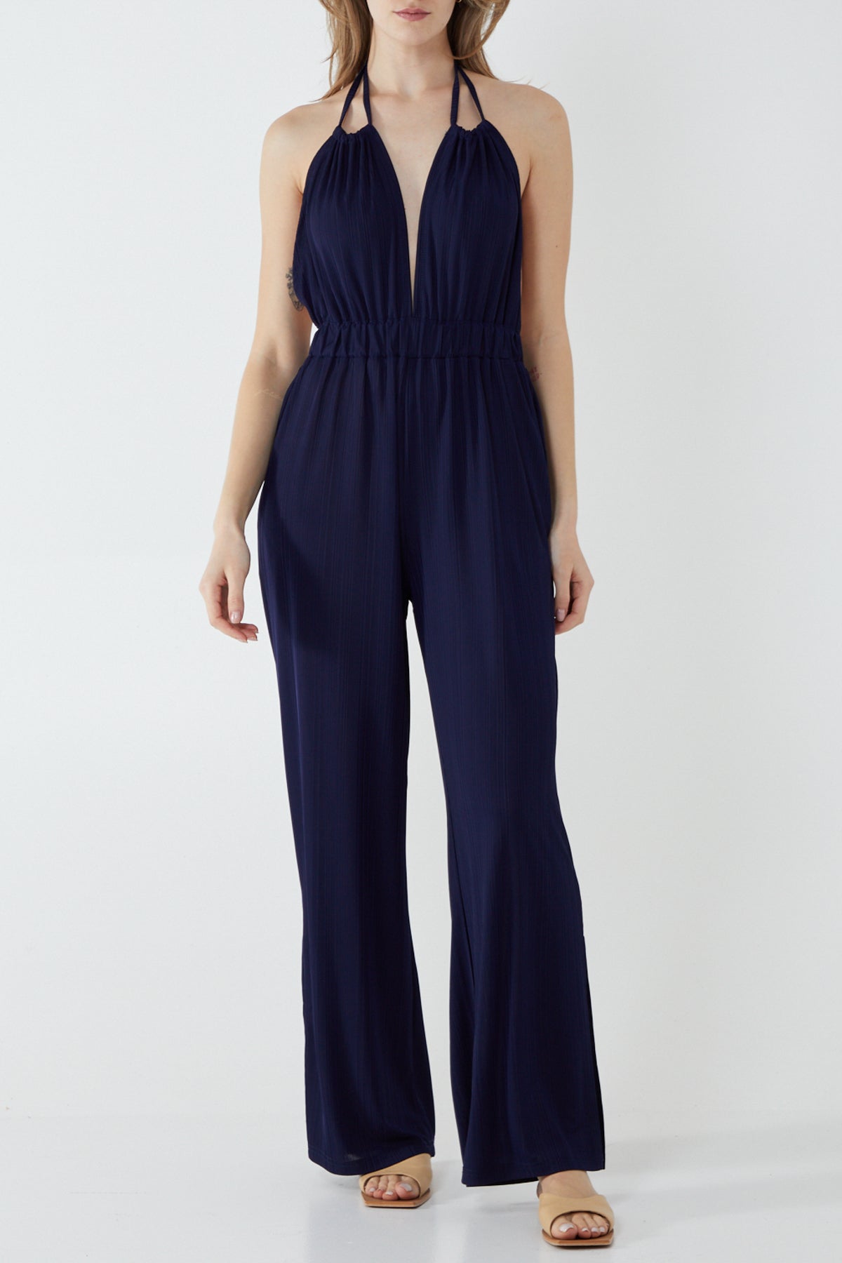 Halterneck Plisse Wide Leg Jumpsuit
