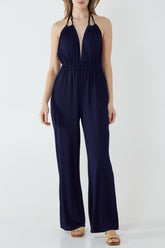 Halterneck Plisse Wide Leg Jumpsuit