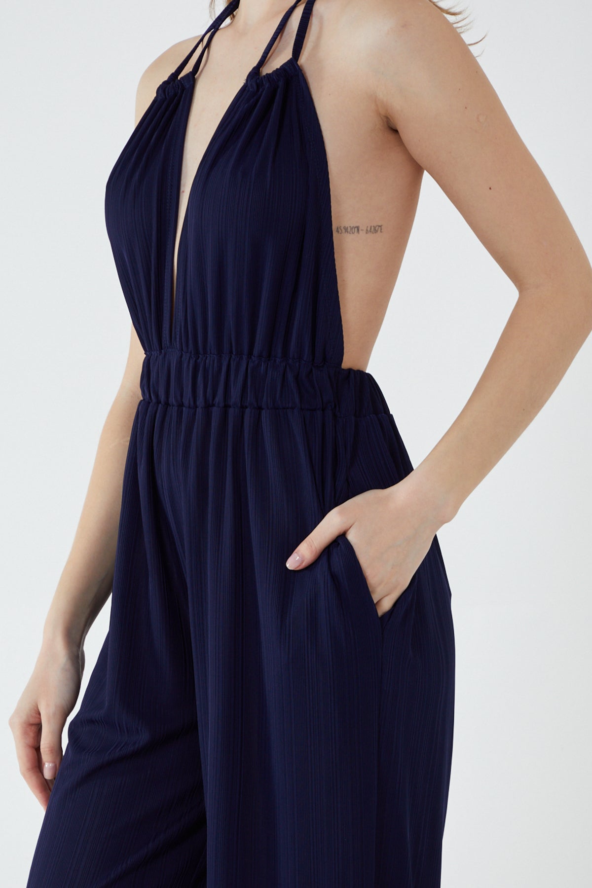 Halterneck Plisse Wide Leg Jumpsuit