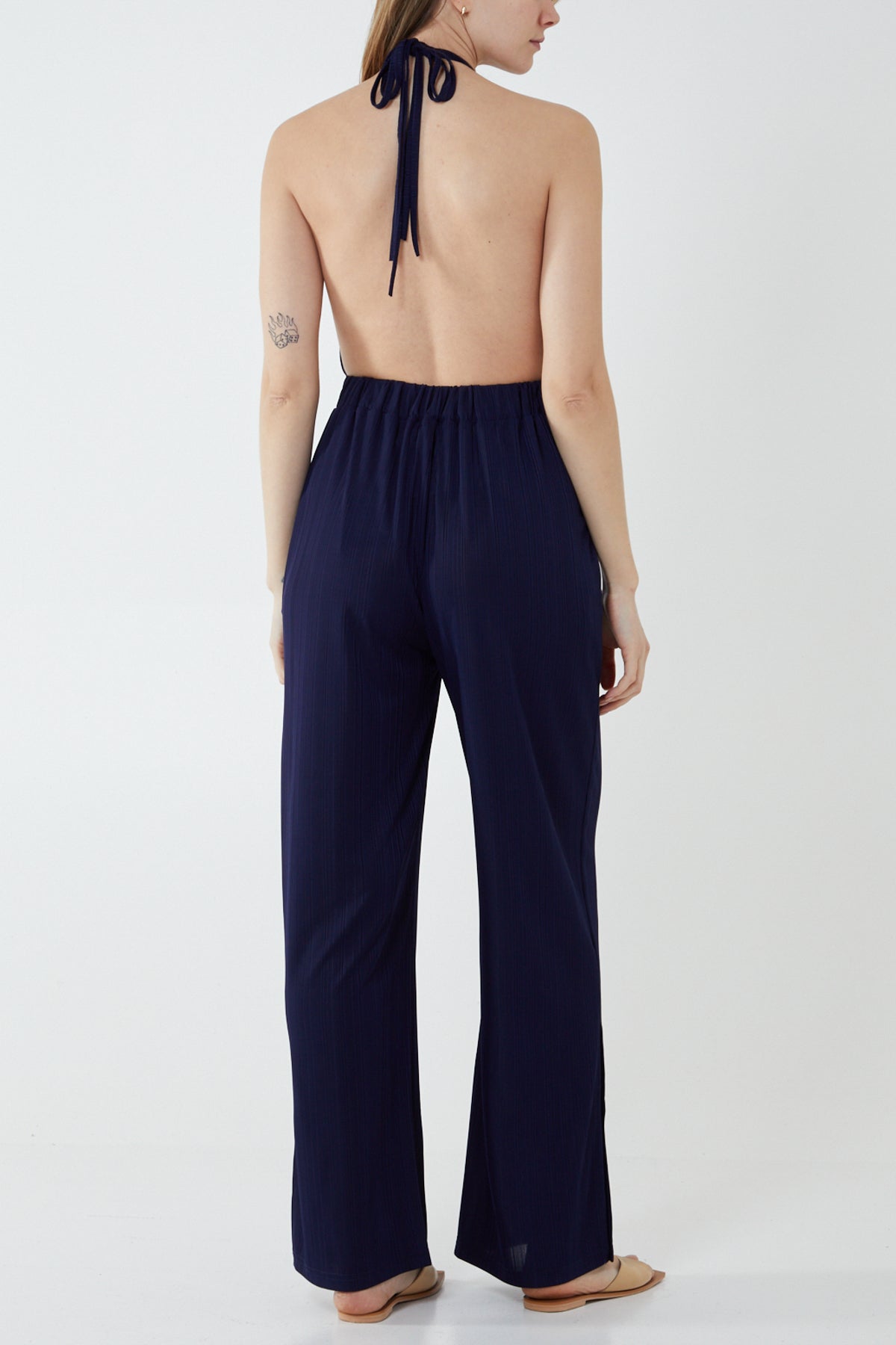 Halterneck Plisse Wide Leg Jumpsuit