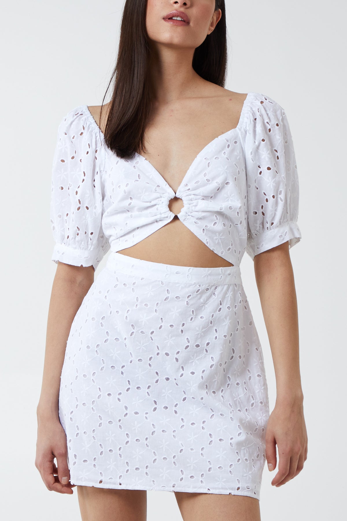 Puff Sleeve Ring Detail Embroidery Anglaise Mini Dress