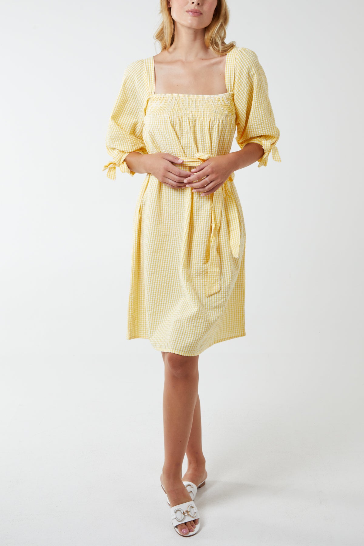 Yellow Gingham Shirred Square Neck Midi Dress