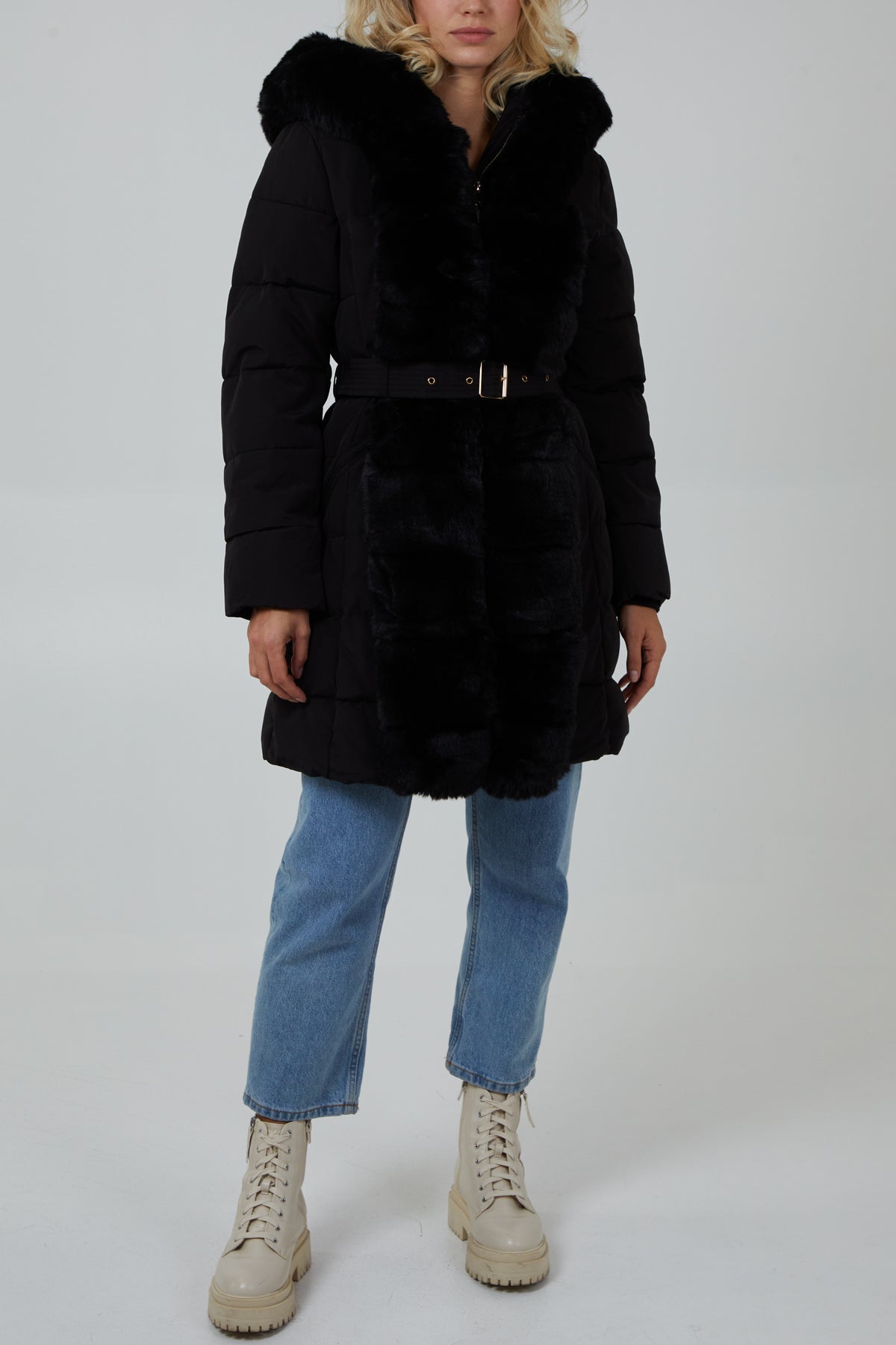 Faux Fur Horizontal Puffer Belted Coat