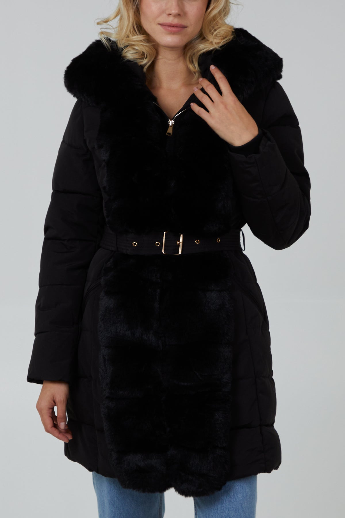 Faux Fur Horizontal Puffer Belted Coat