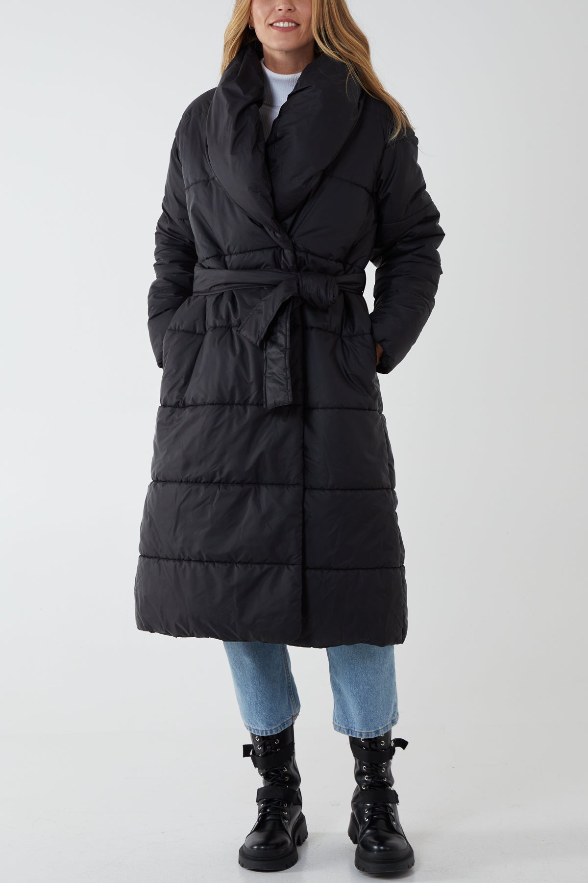 Longline Wrap Front Belted Puffer Coat