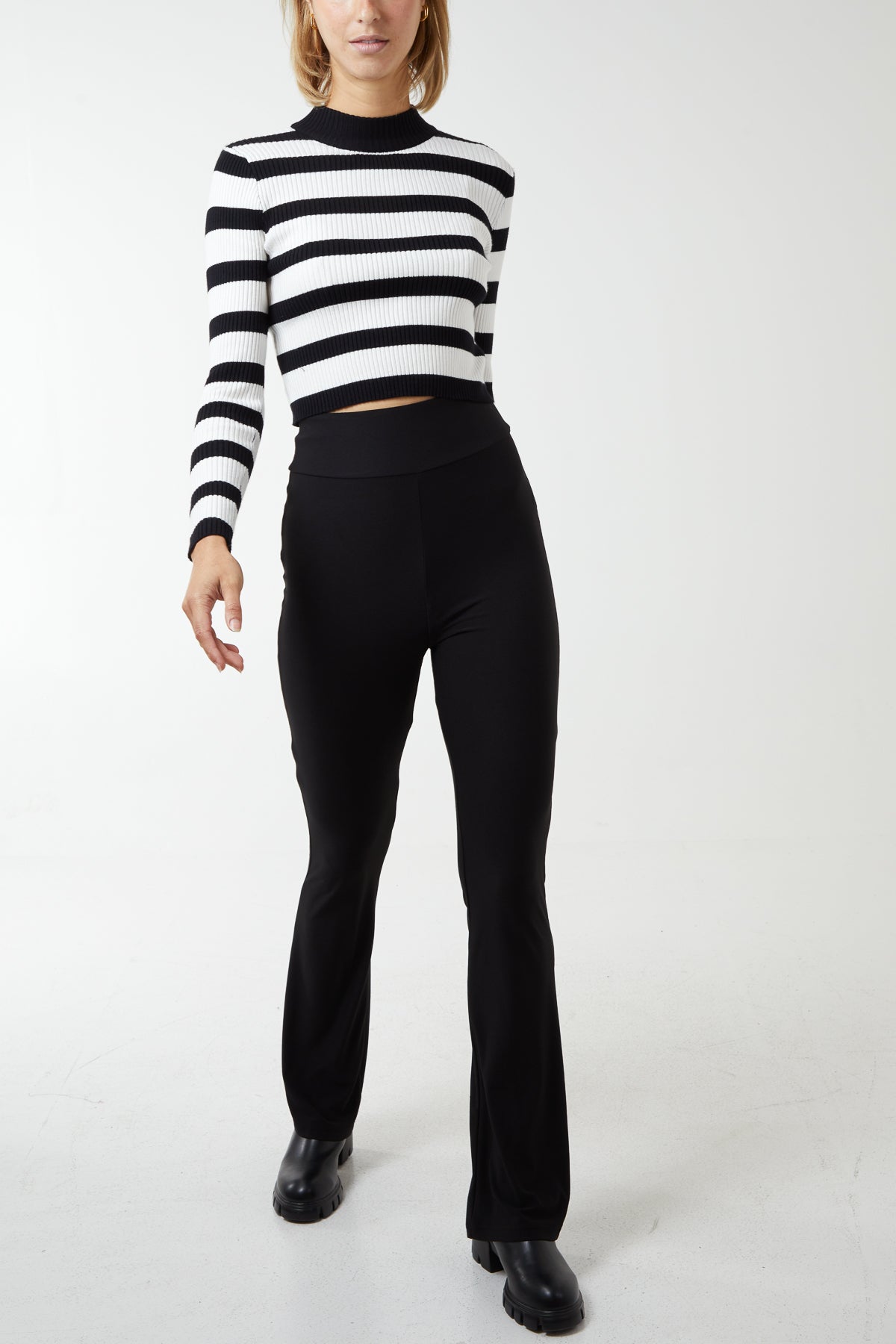 Thick Waistband Plain Flared Trousers