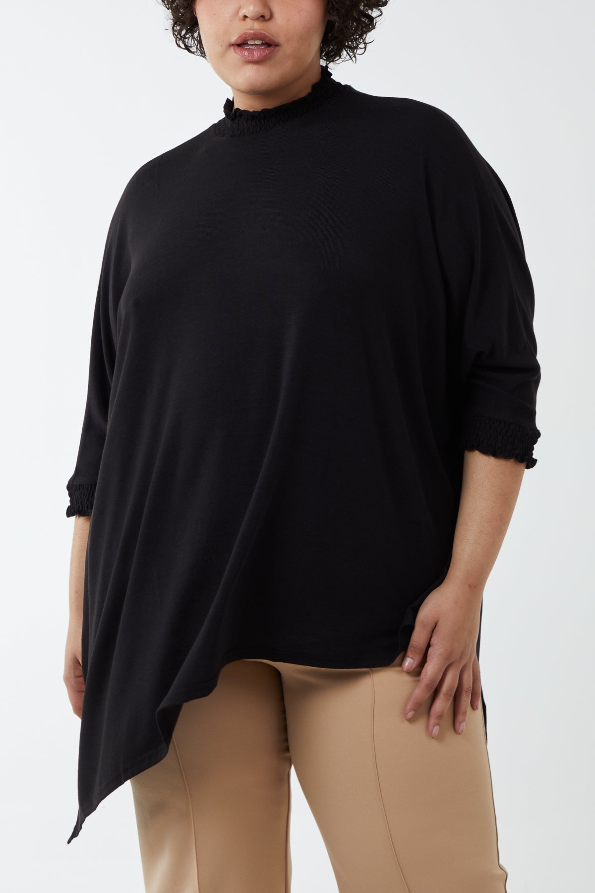 Curve Asymmetric  Hem Shirred Collar Fine Knit Top