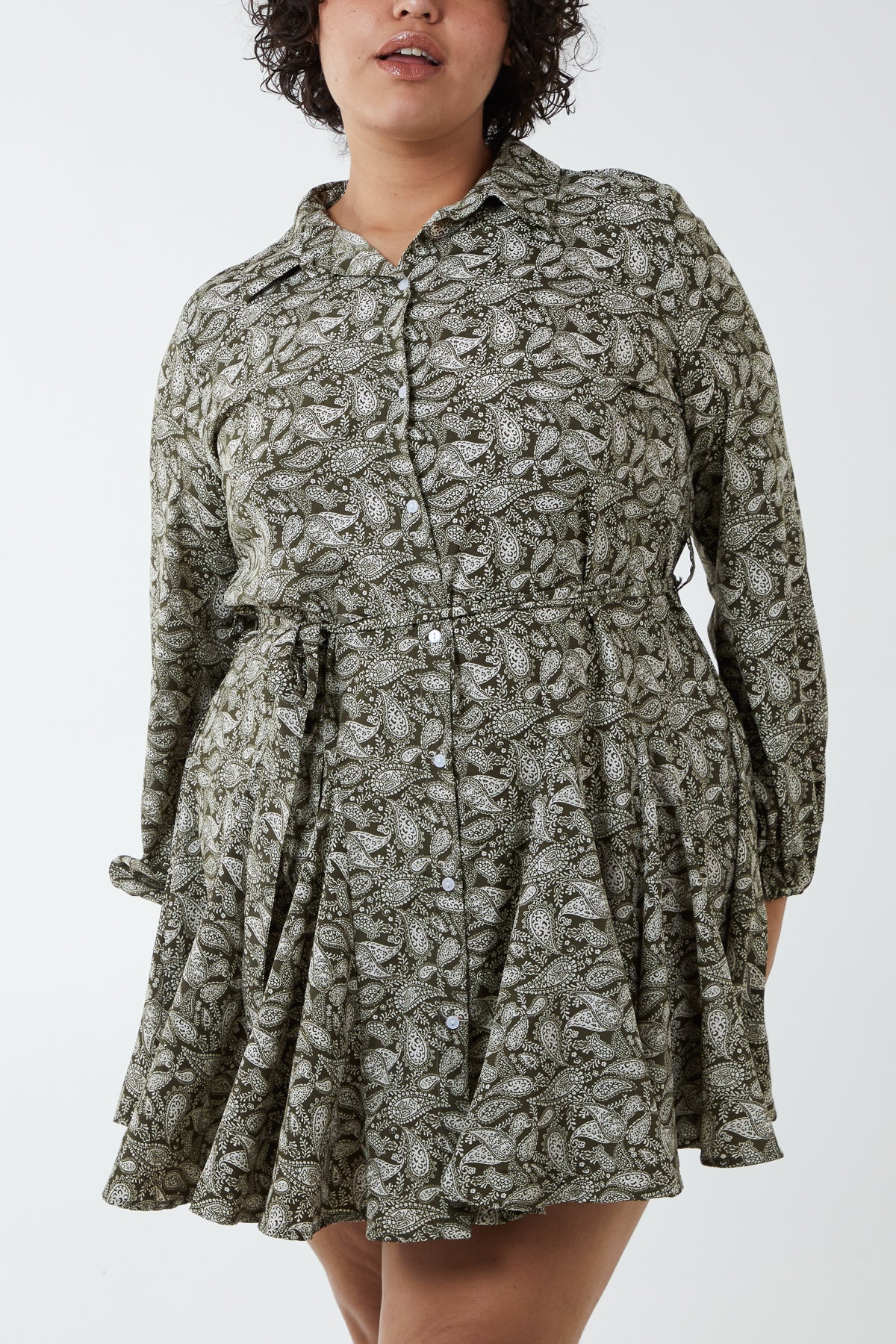 Curve Paisley Shirt Mini Dress With Godet Hem & Tie