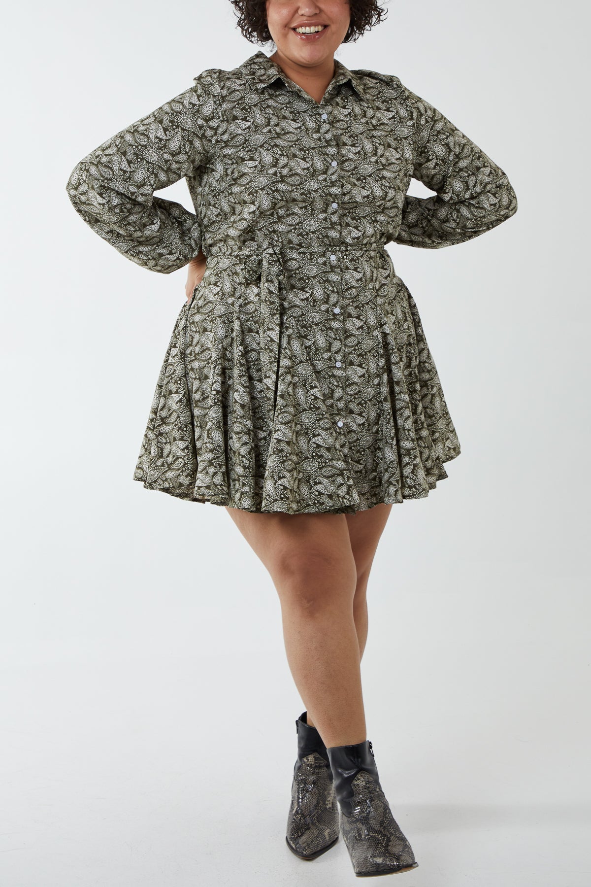 Curve Paisley Shirt Mini Dress With Godet Hem & Tie