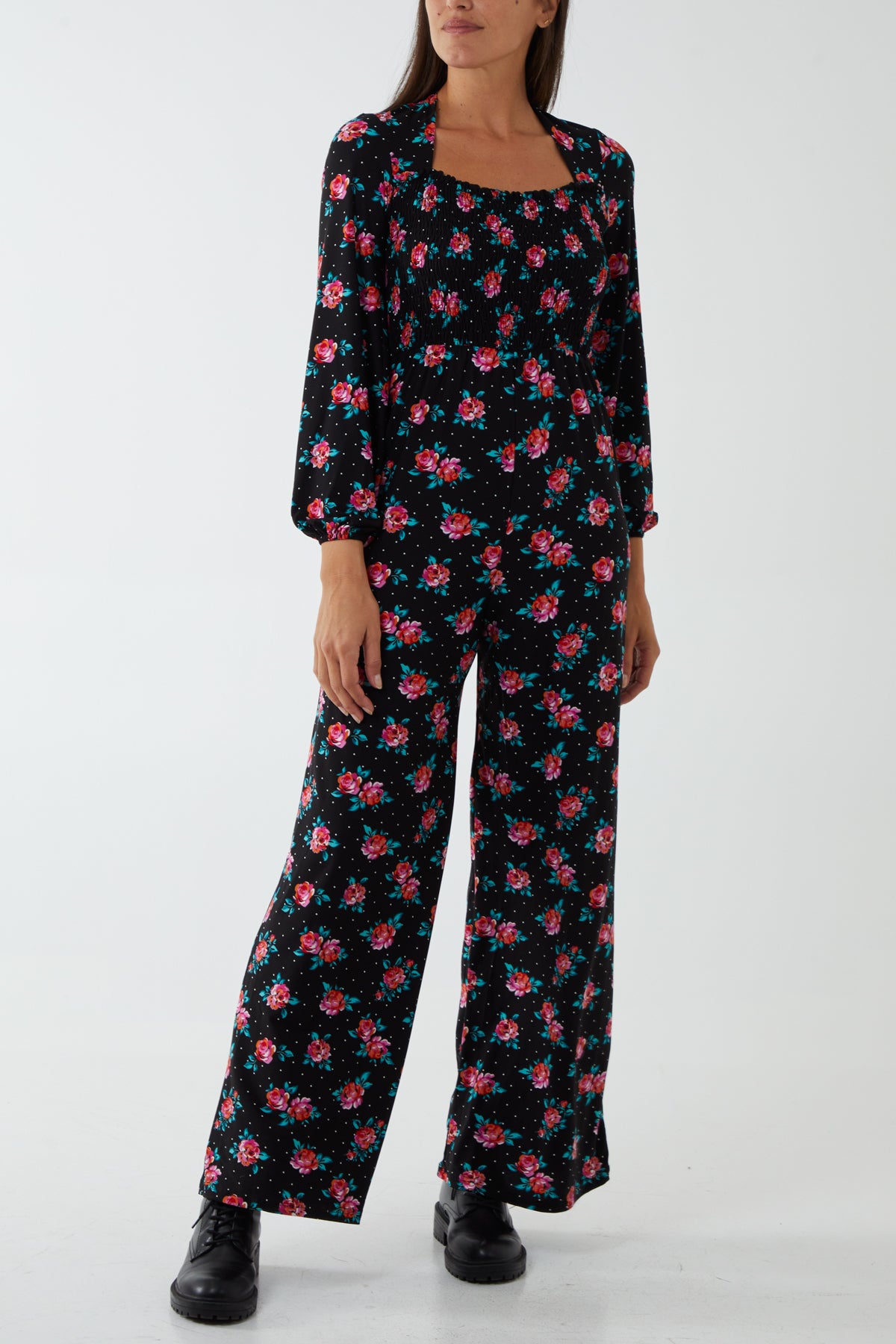 Sweetheart Neck Tie Back Floral & Dot Jumpsuit