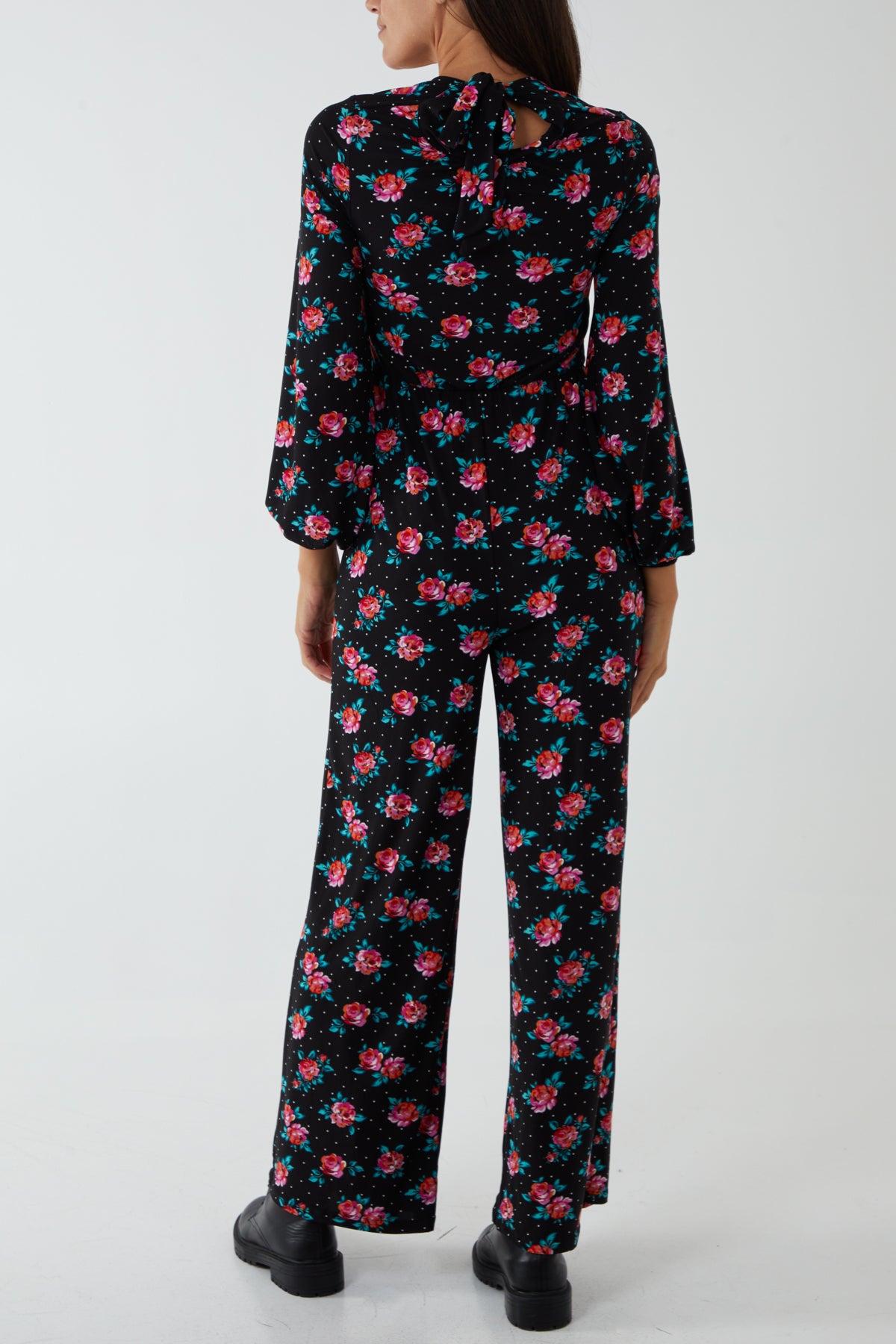 Sweetheart Neck Tie Back Floral & Dot Jumpsuit