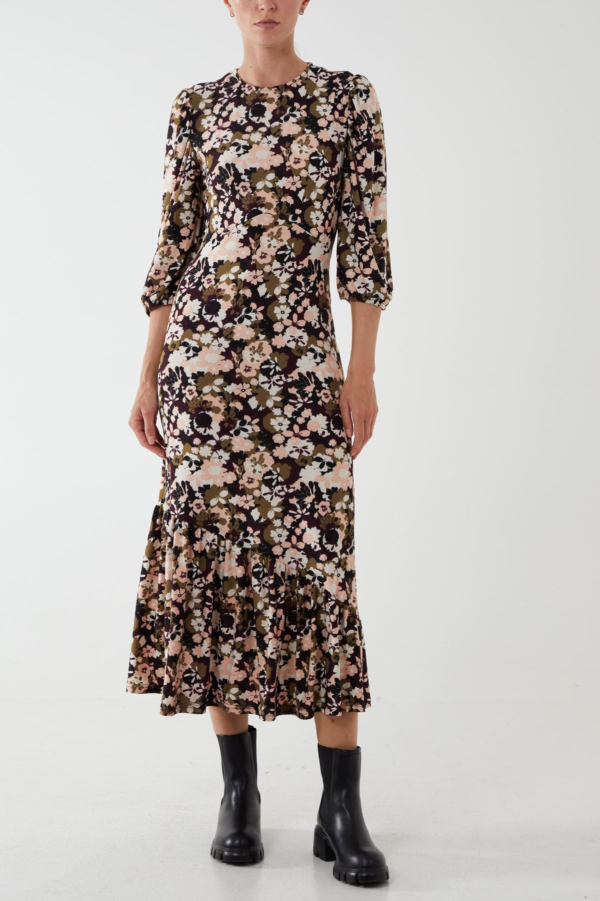 3/4 Sleeve Asymmetric Floral Midi Stretch Dress
