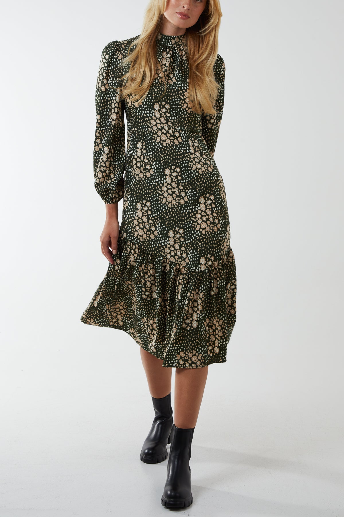 Floral High Neck Tie Back Midi Dress