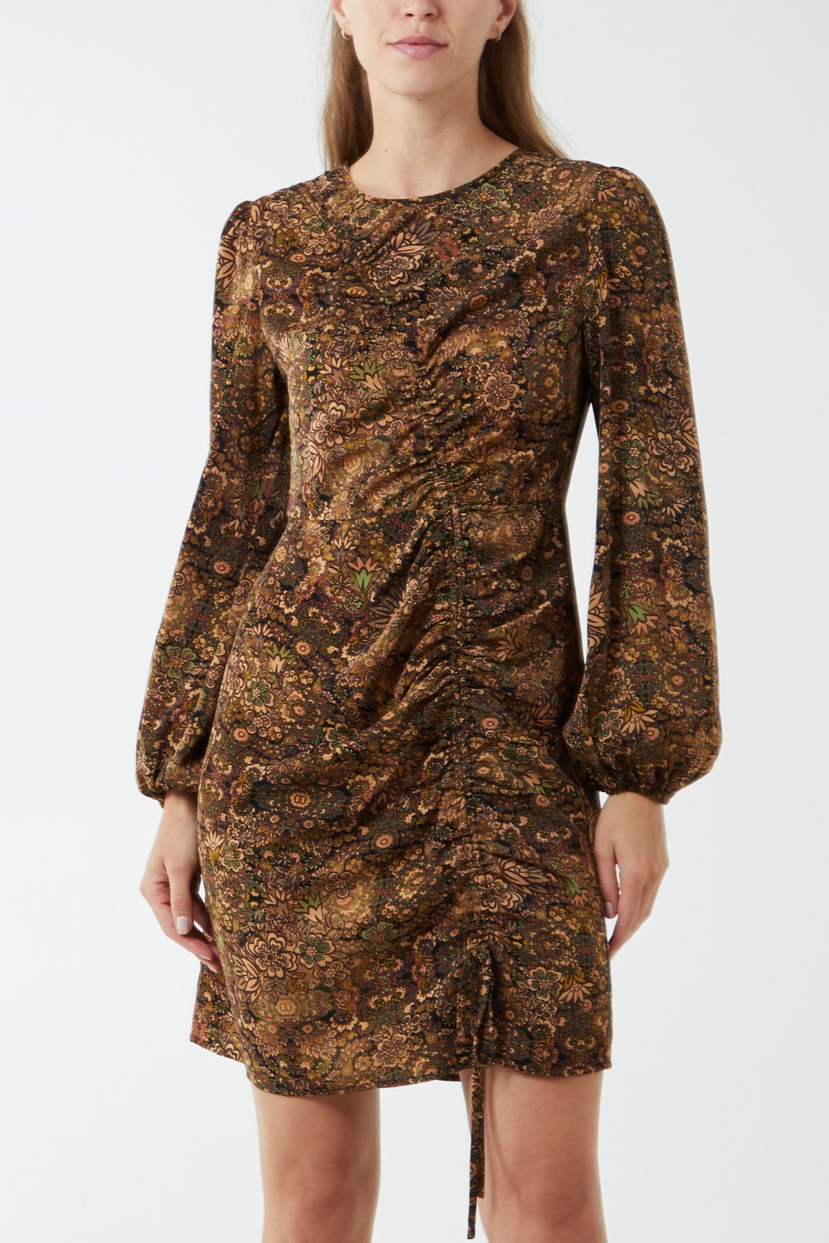 Paisley Print Bell Sleeve Ruched Mini Dress