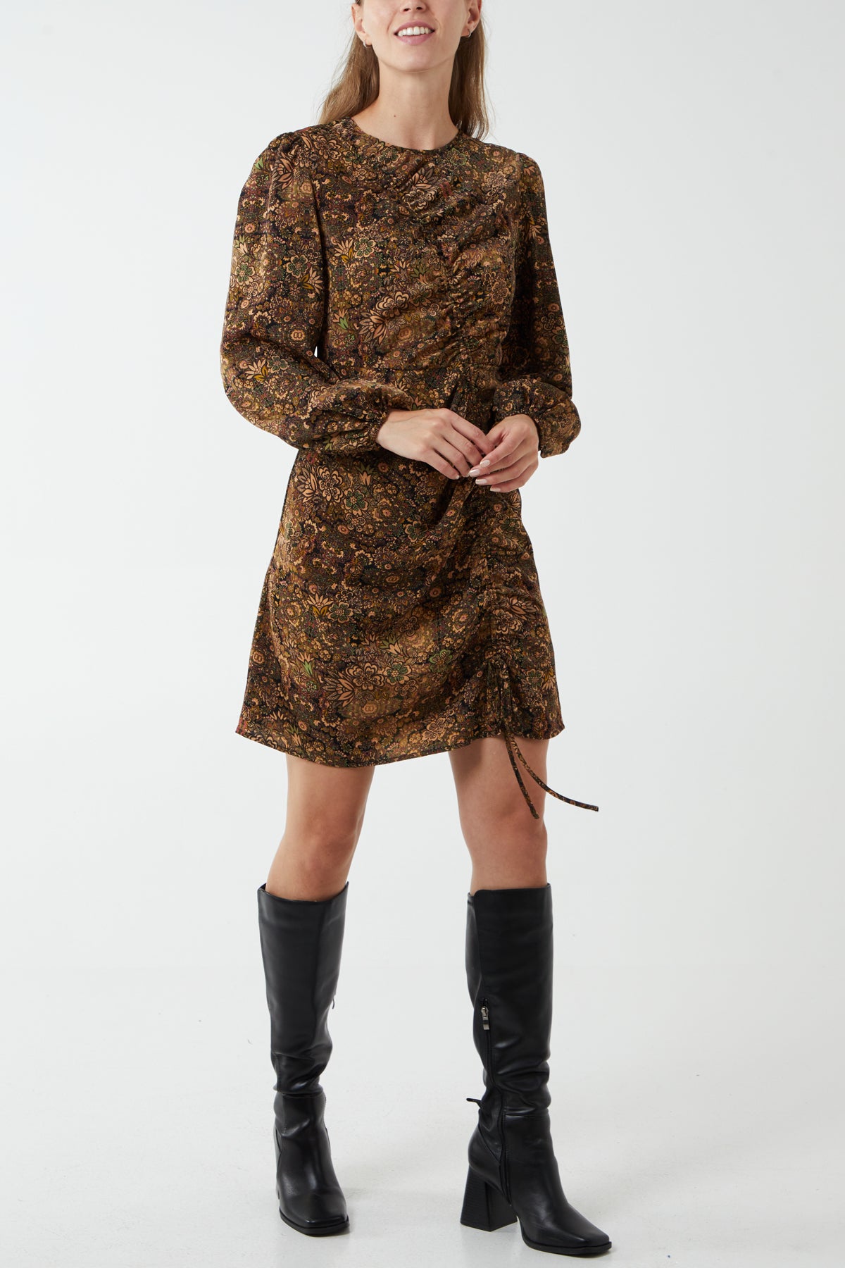 Paisley Print Bell Sleeve Ruched Mini Dress