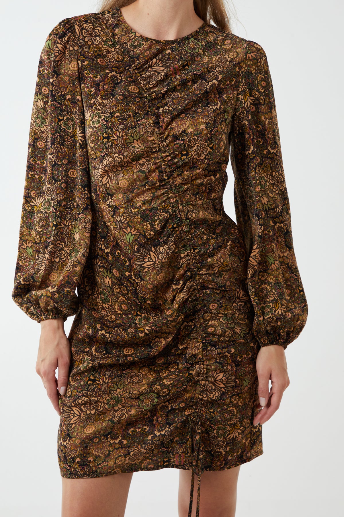 Paisley Print Bell Sleeve Ruched Mini Dress