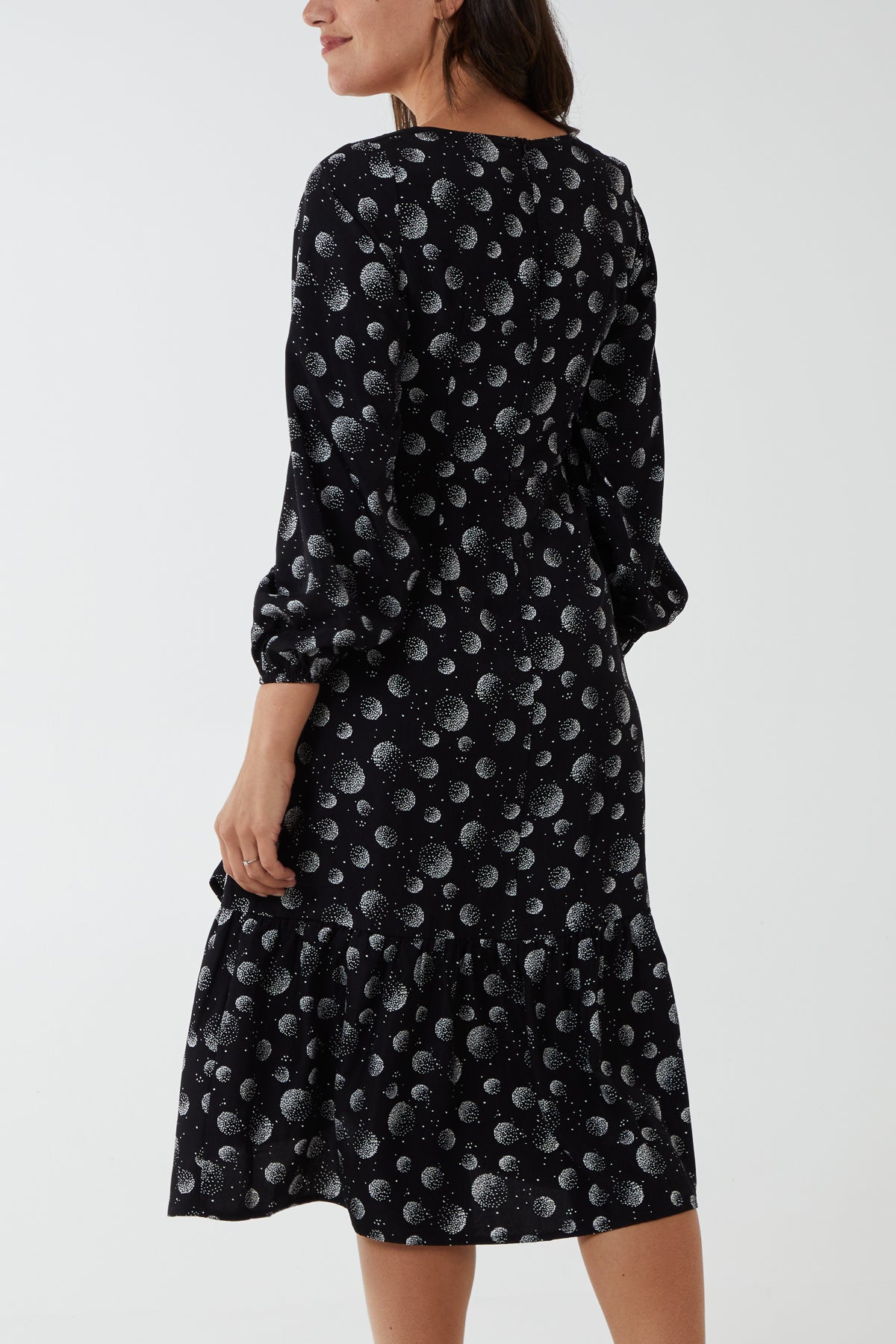 Circular Print Square Neck Ruffle Wrap Midi Dress