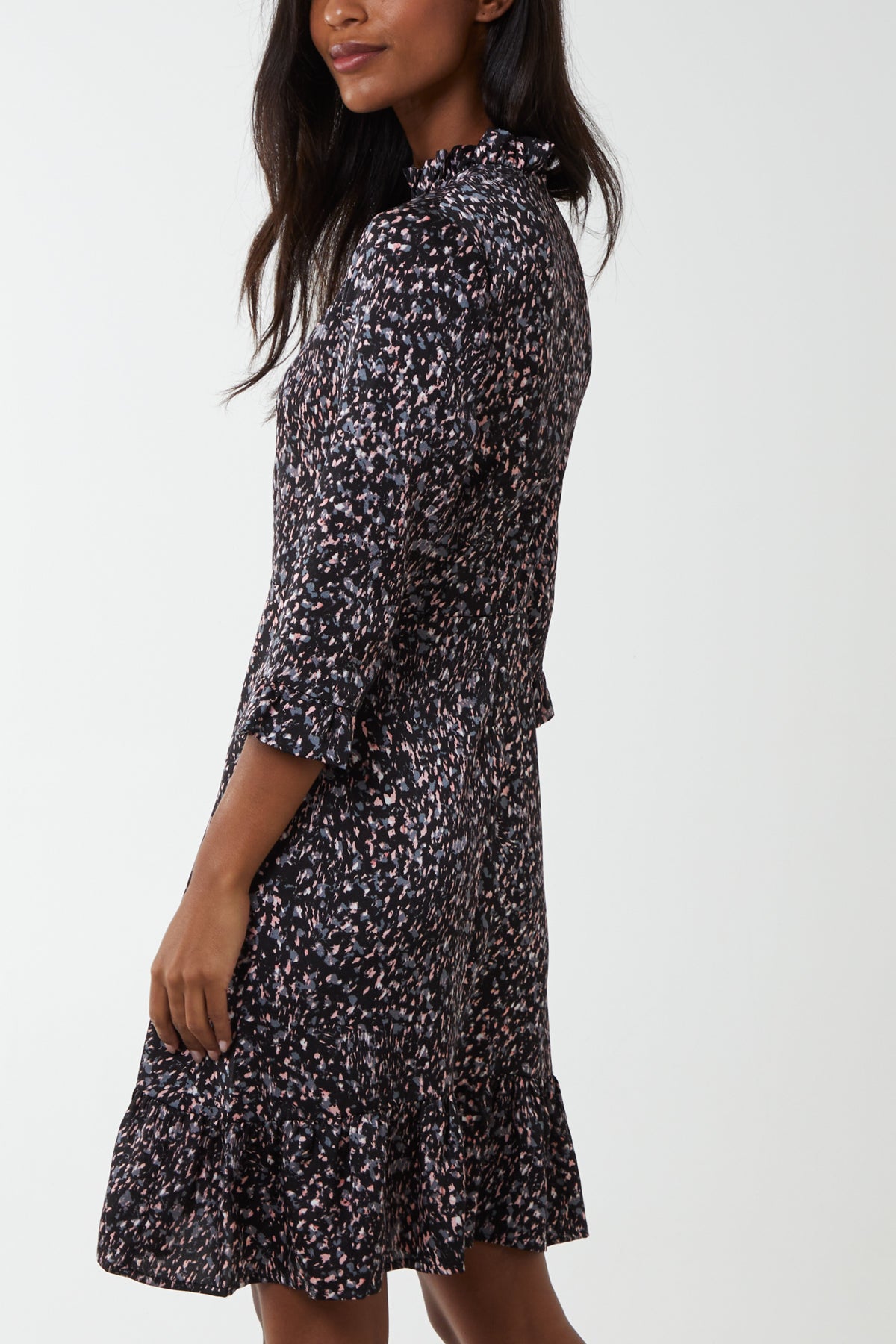 Abstract Animal High Neck Ruffle Hem Mini Dress
