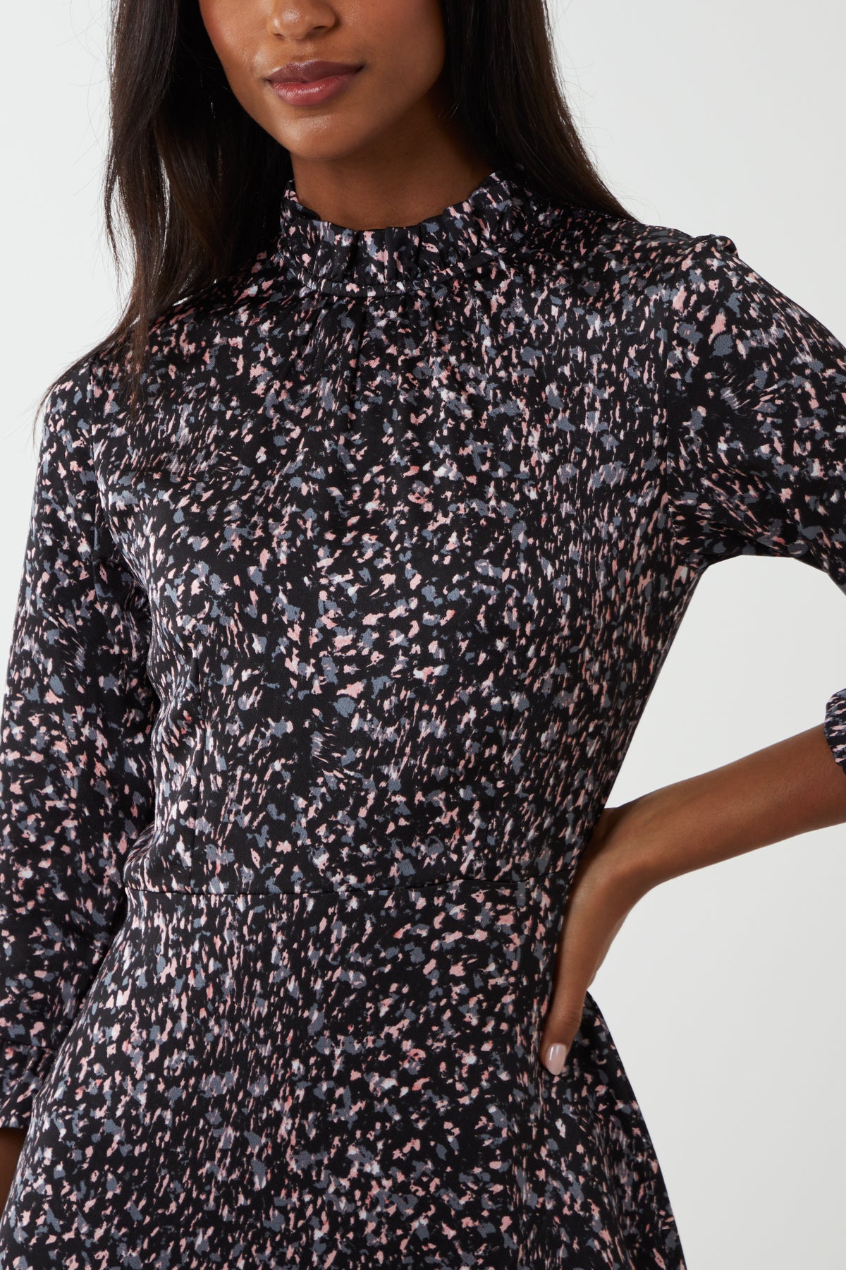 Abstract Animal High Neck Ruffle Hem Mini Dress