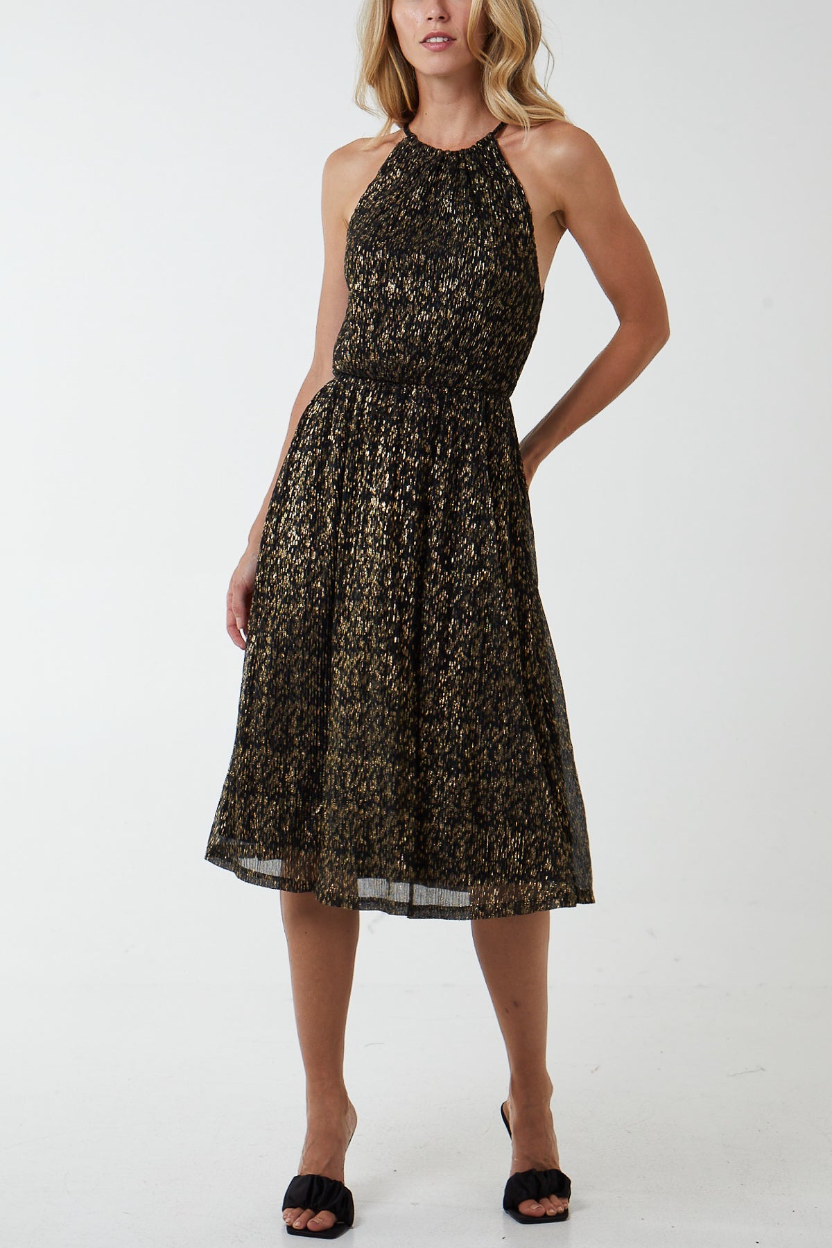 Gold Blouson Halterneck Midi Dress