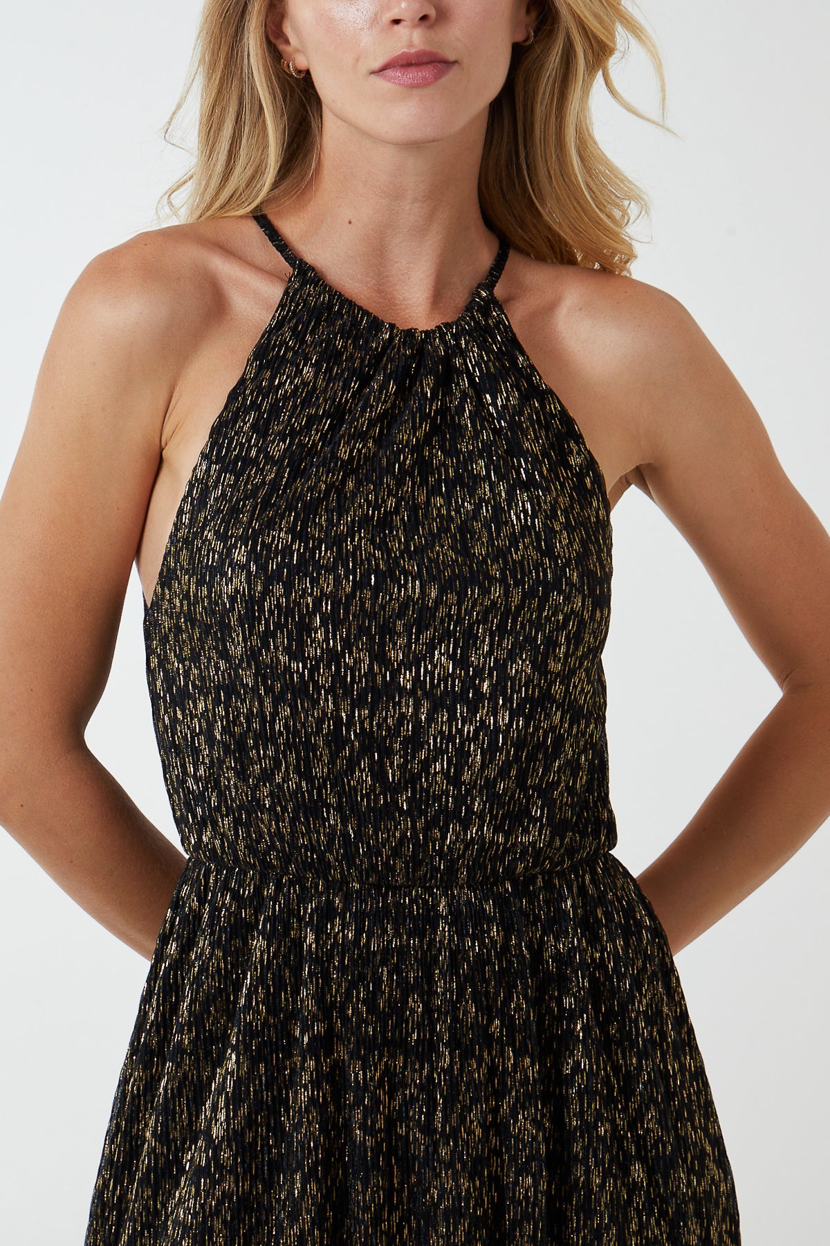 Gold Blouson Halterneck Midi Dress
