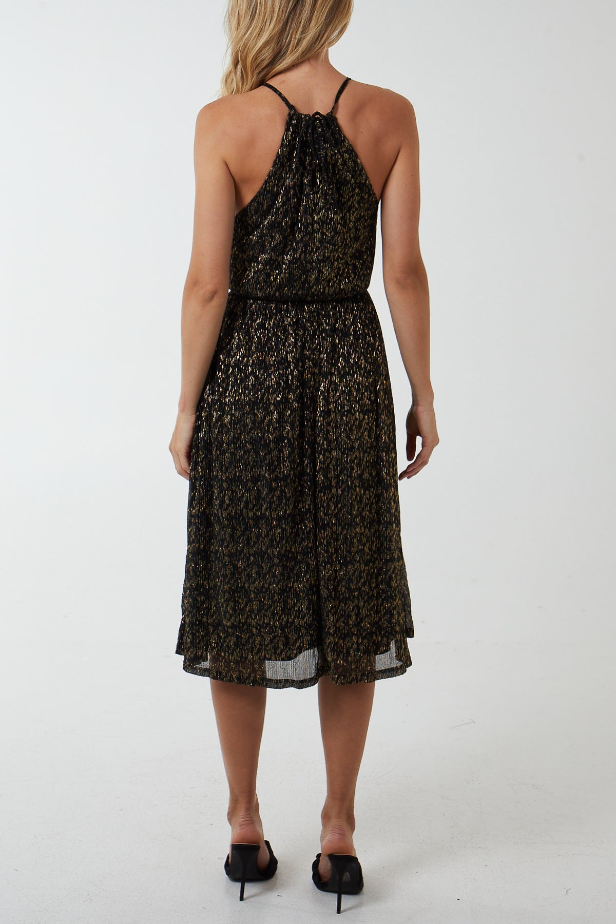 Gold Blouson Halterneck Midi Dress