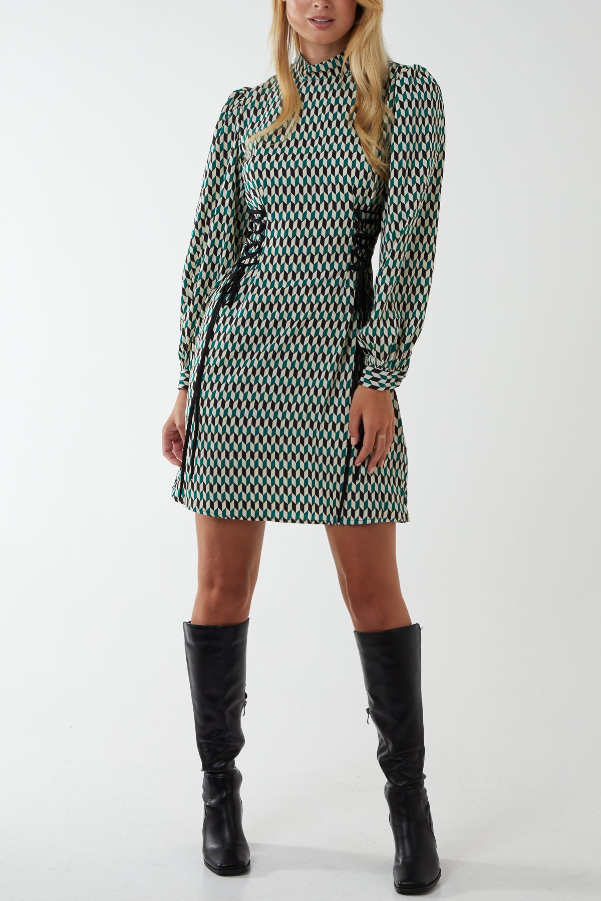 Geo Print Lace Side Waist Mini Dress