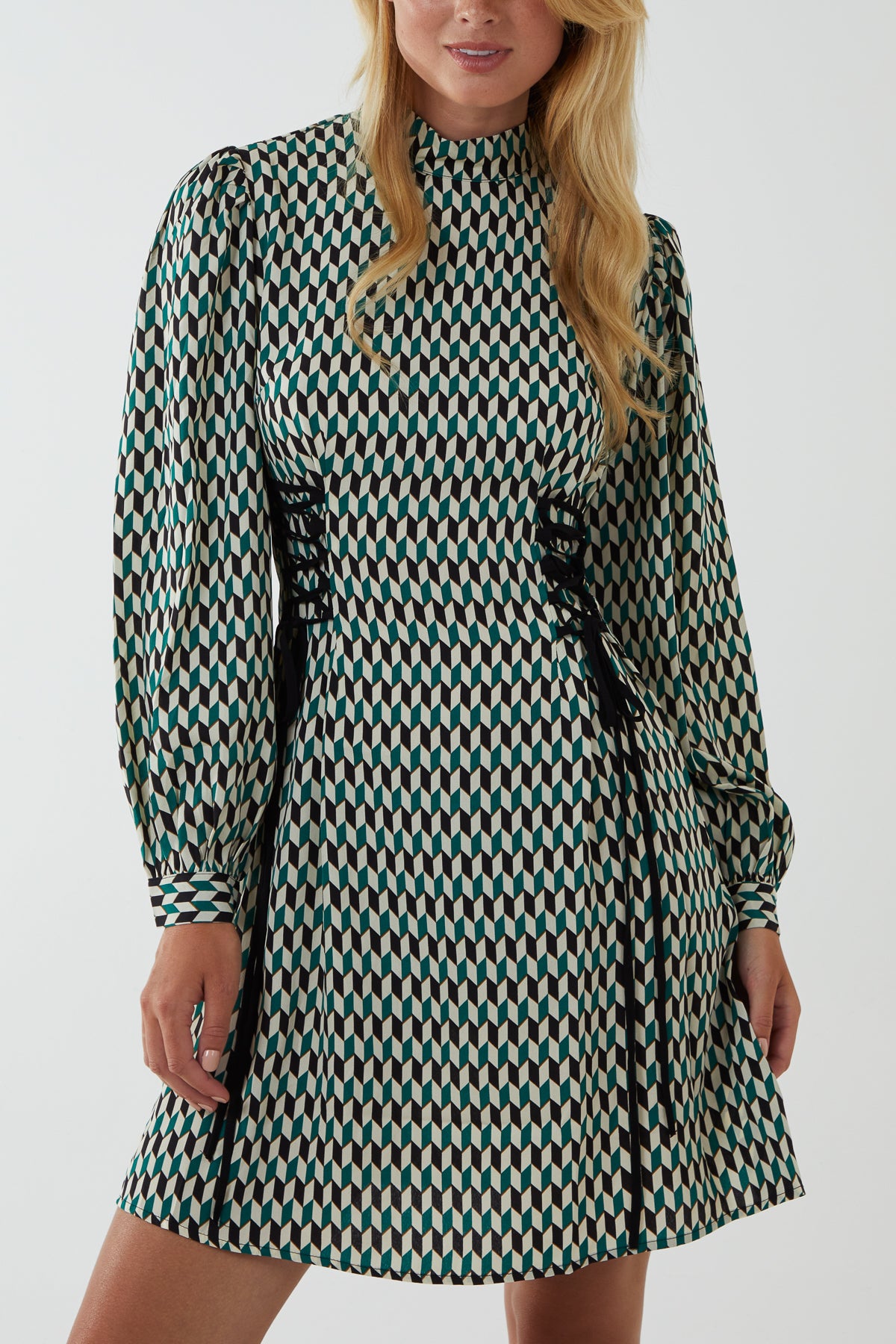 Geo Print Lace Side Waist Mini Dress