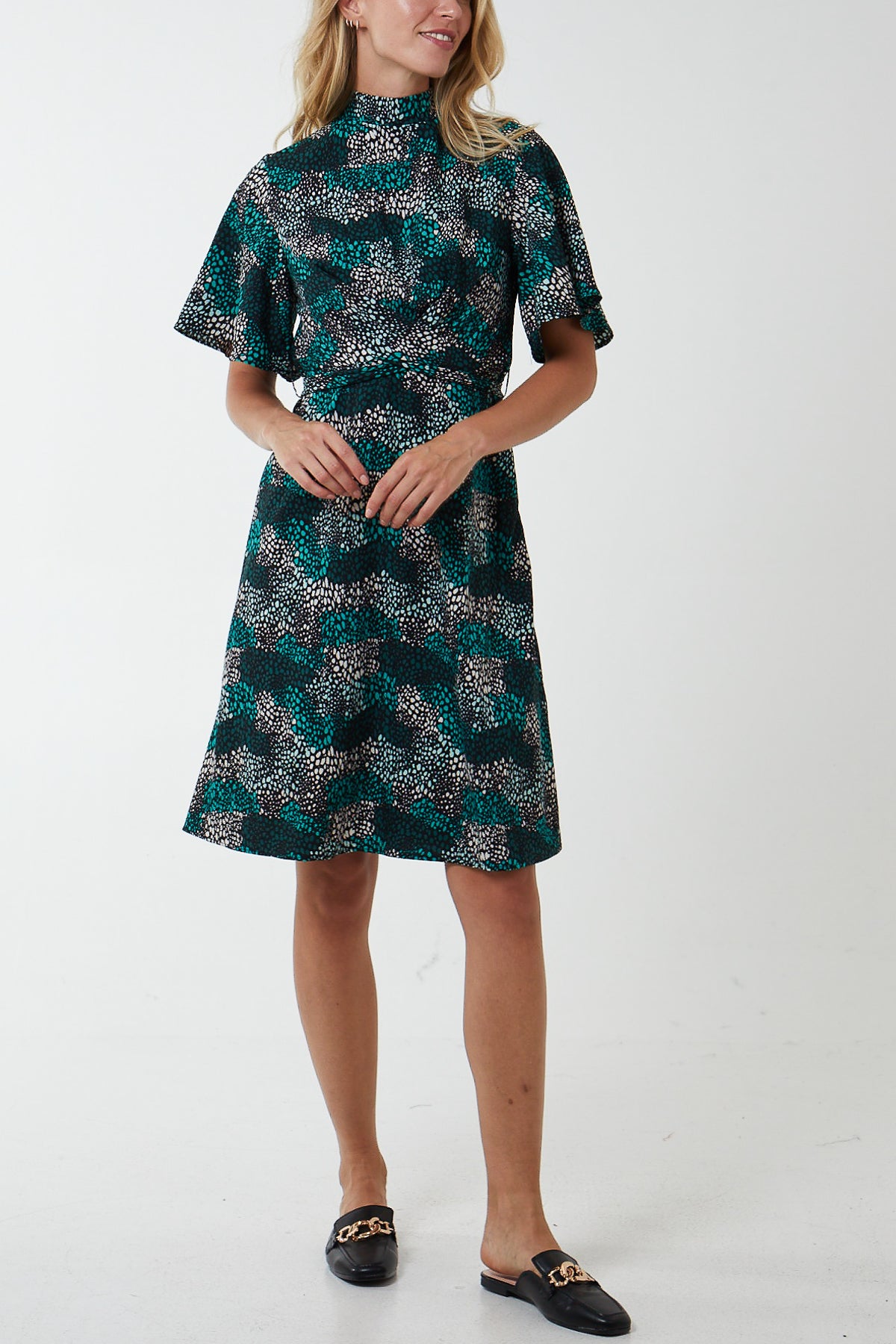 slim fit dress slacks Wrap Front High Neck Angel Sleeve Dress