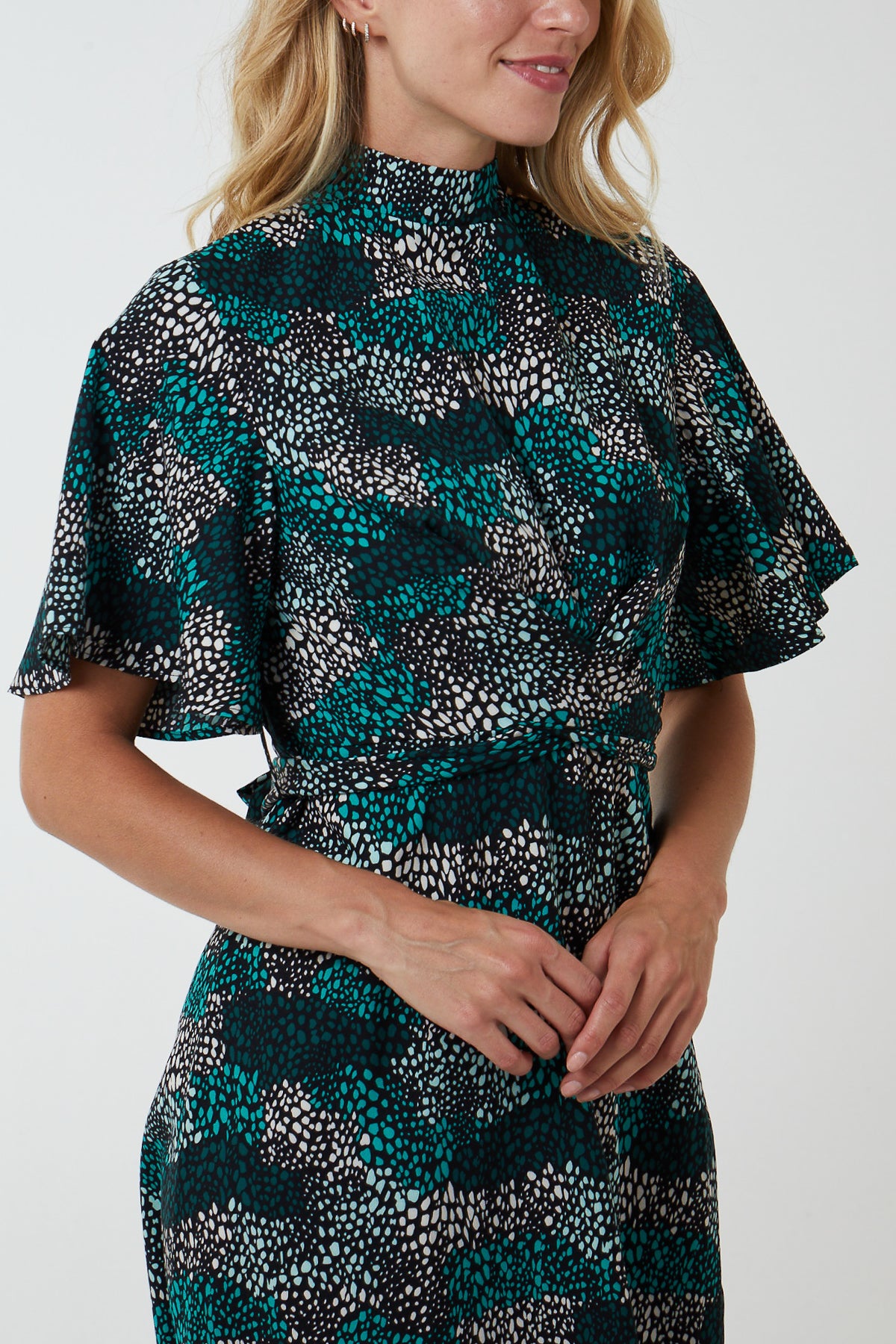 Wrap Front High Neck Angel Sleeve Dress