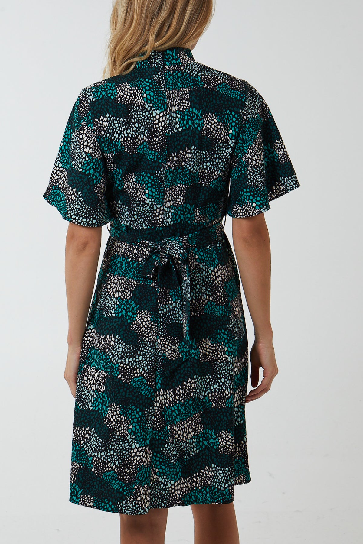 Wrap Front High Neck Angel Sleeve Dress