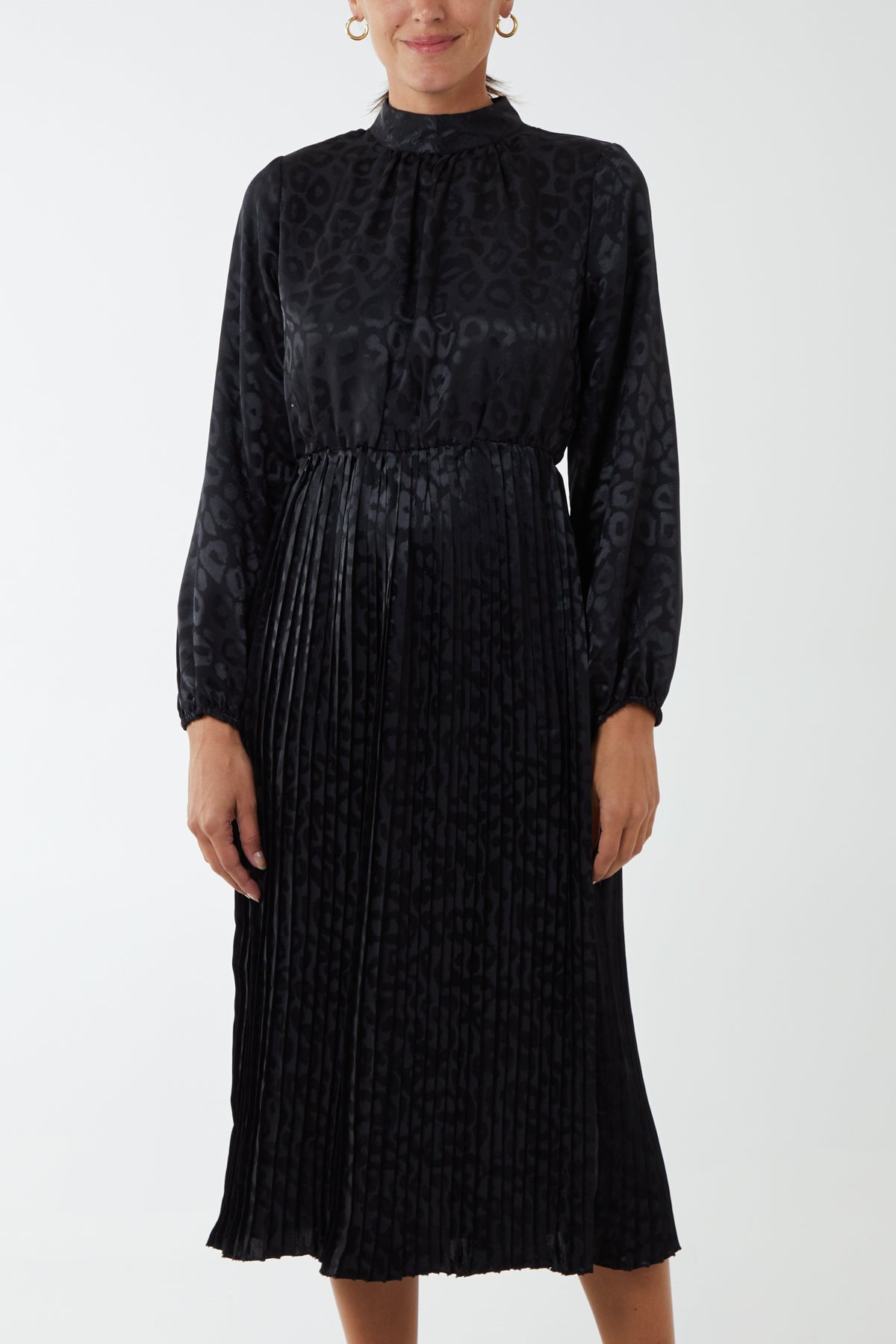 High Neck Leopard Print Blouson Midi Dress