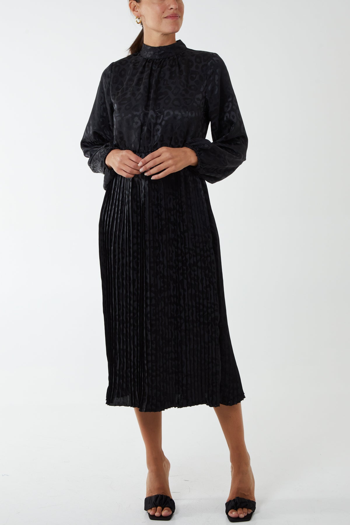 High Neck Leopard Print Blouson Midi Dress