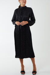 High Neck Leopard Print Blouson Midi Dress