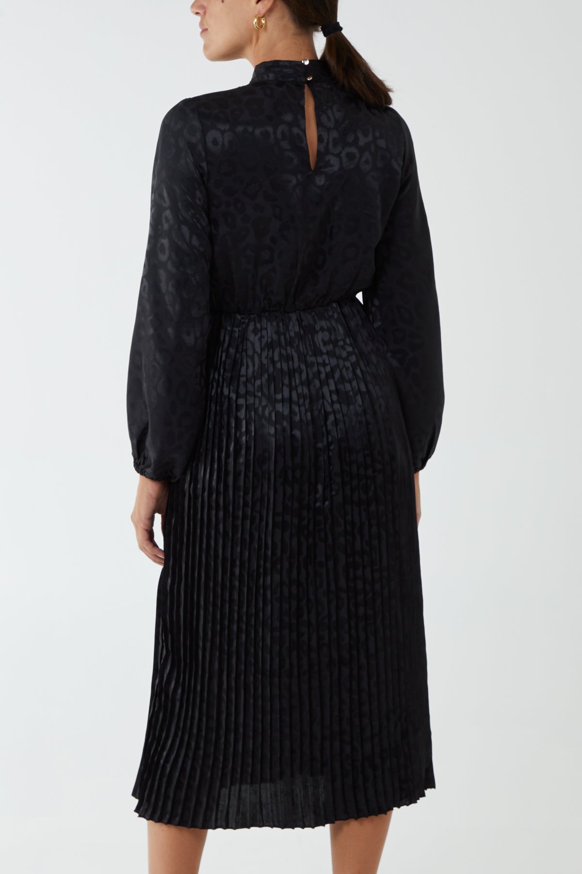 High Neck Leopard Print Blouson Midi Dress